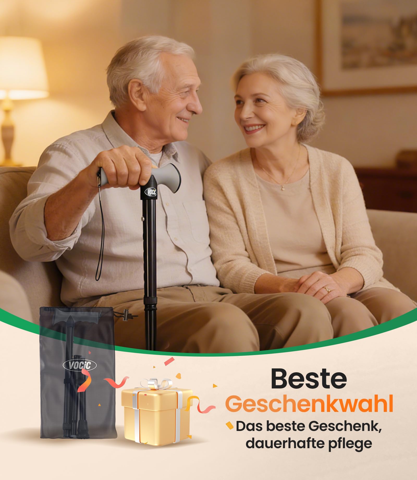 VOCIC G01 Gehstock für Herren und Damen,10-Fach verstellbar,158kg Tragkraft | Spazierstock klappbar mit stoßdämpfender Spitze & praktischer Reisetasche,Gehhilfe für Senioren & Erwachsene, Tiefschwarz