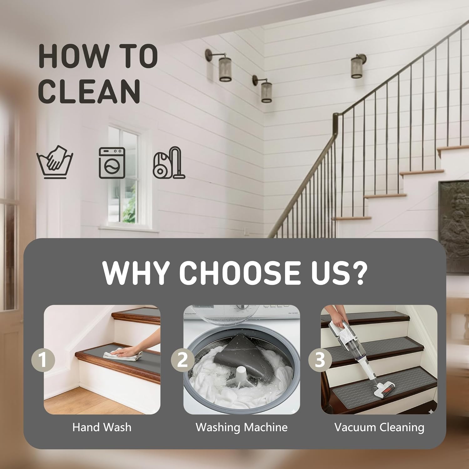 Silicone Stair Runner Carpet Non Slip for Wooden Steps Indoor 8"x30", 15 Pack Reusable Anti Slip Stick On Carpet Stair Treads for Dogs Kids Elders (Grey)