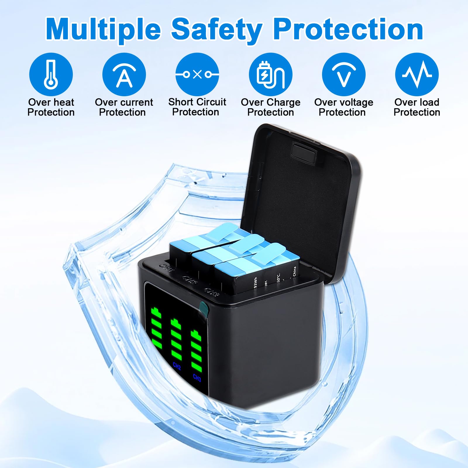 Batterie e Caricatore Compatibili con GoPro Hero 12 11 10 9 Black - 3x 1800mAh Alta Capacità con Custodia di Ricarica 3-in-1 e Cavo Type-C