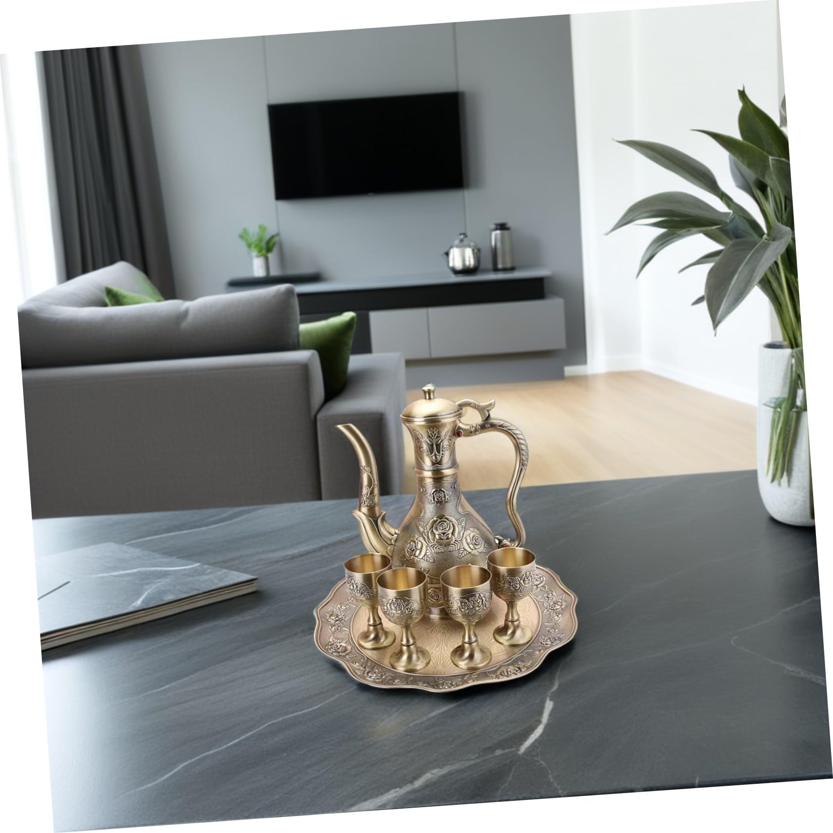 ABOOFAN Vino Vintage con Incisa Bicchieri e Vassoio in Metallo Design Retro Rilievo Bar e Celebrazioni Eleganti