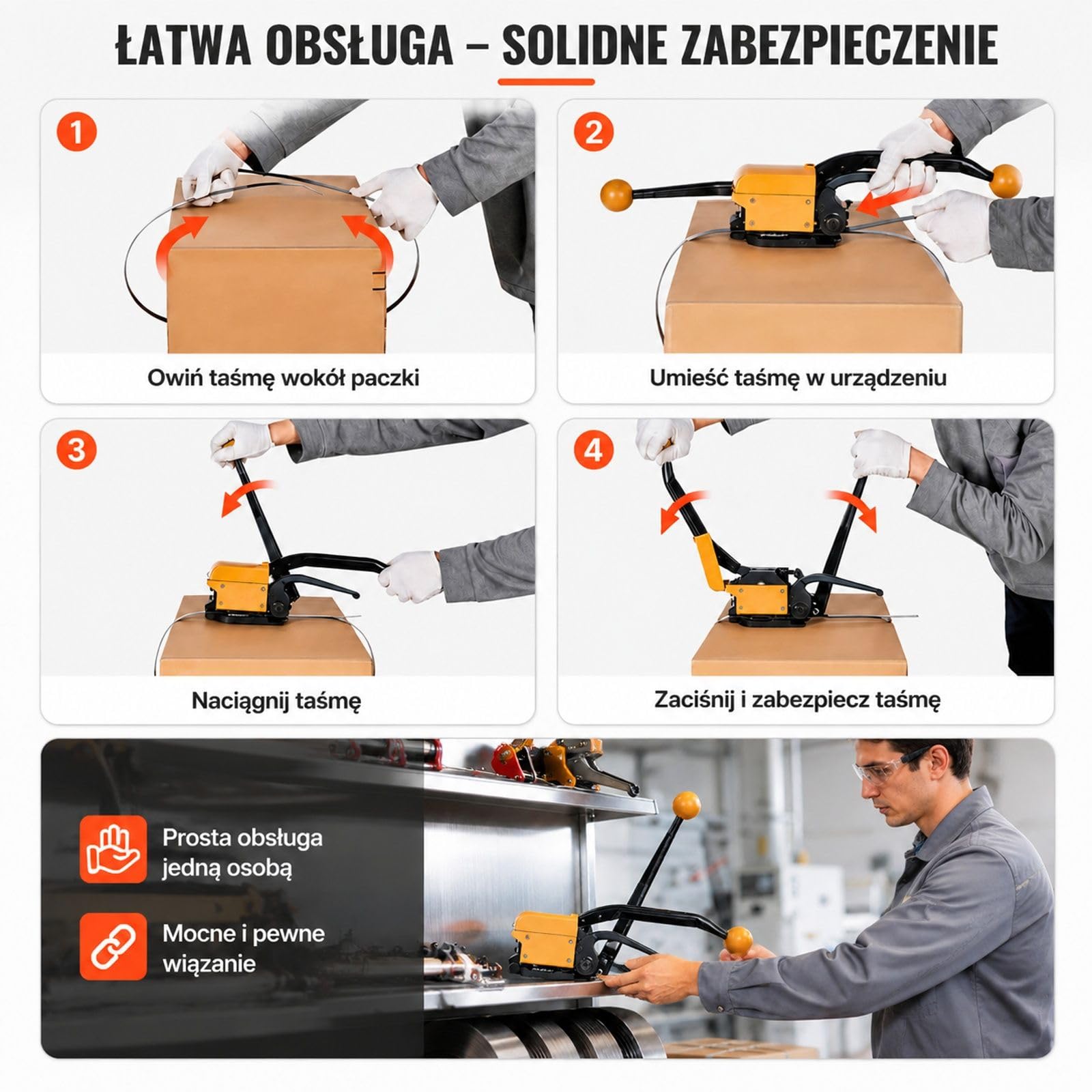 Ręczne narzędzie do spinania taśmą stalową, bez klamry, regulowana konstrukcja, do pakowania i transportu, do stalowych taśm oraz pracy z opasaniem