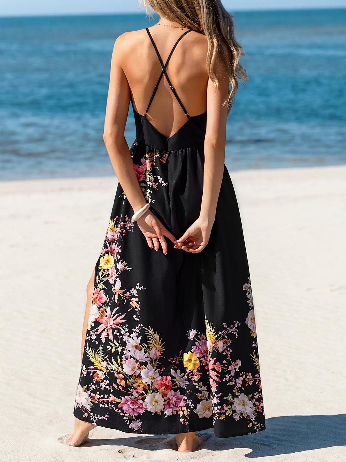 CUPSHE Damen Sommerkleid V-Ausschnitt Rückenfrei Kreuzträger Blumenmuster Seitenschlitz Lang Strandkleid Boho Urlaub Maxikleid