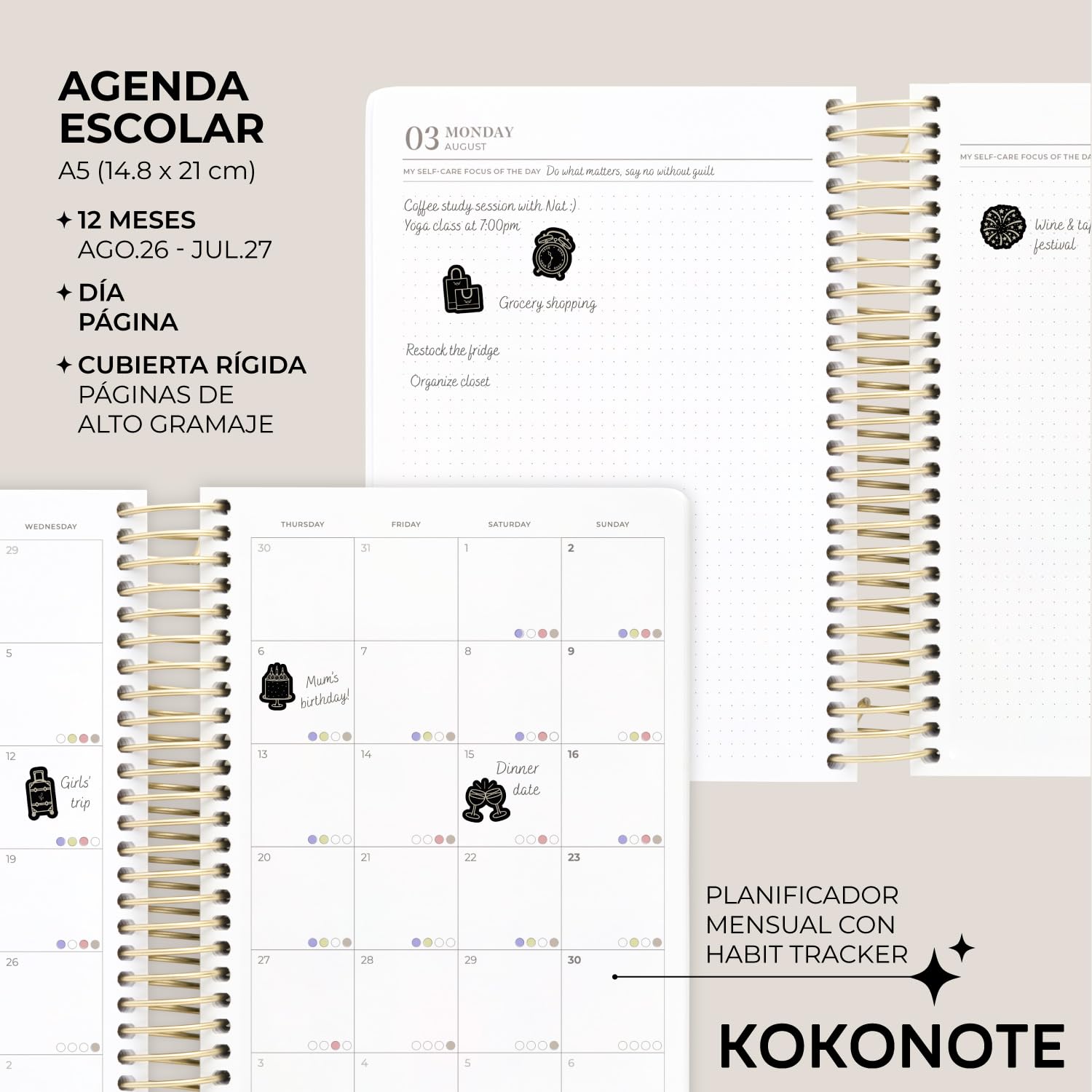 Kokonote Agenda 2026 2027 Dia por página A5 Seasonal Flowers - Agenda Escolar Universitaria Oposiciones o Insituto para mujer |Págs. Alto Gramaje|Con Pegatinas, Planificador Mensual, Anual, de Gastos…