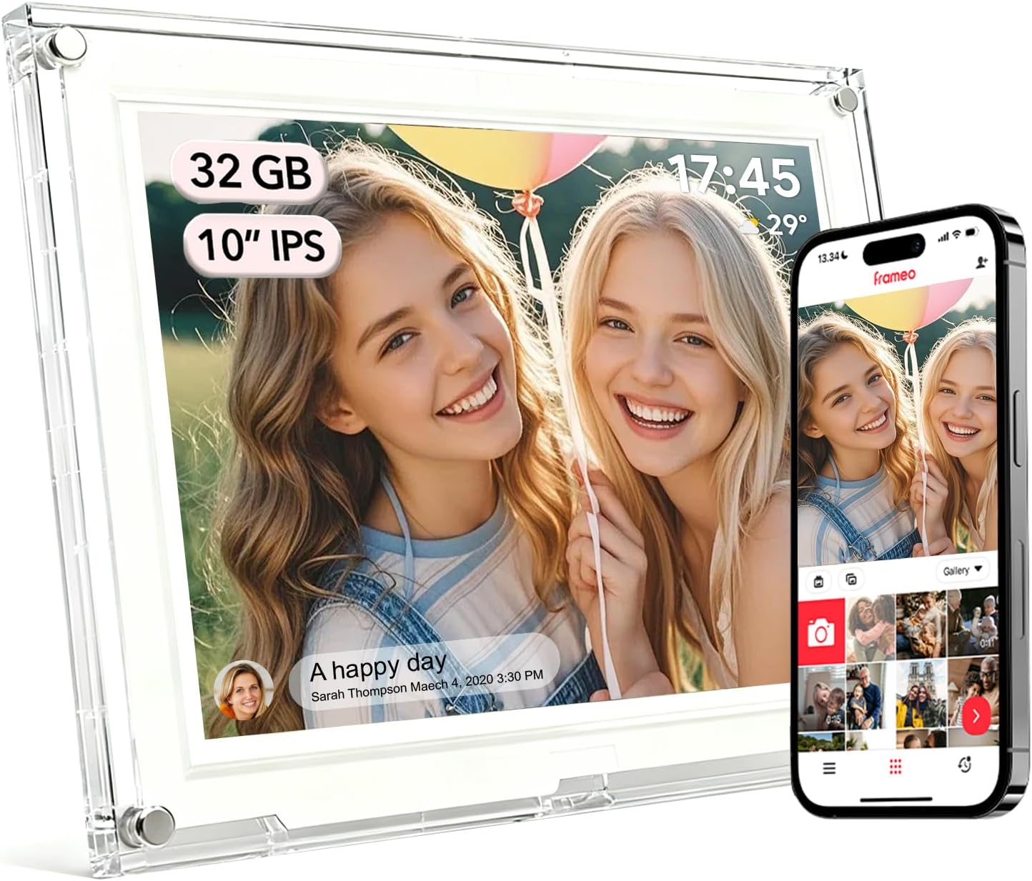 10.1 Inch Acrylic Digital Picture Frame with Frameo App, WiFi Smart Photo Frame, 32GB, HD IPS Touch Screen, Instantly Share Photos & Videos, for Family (AMABOO)