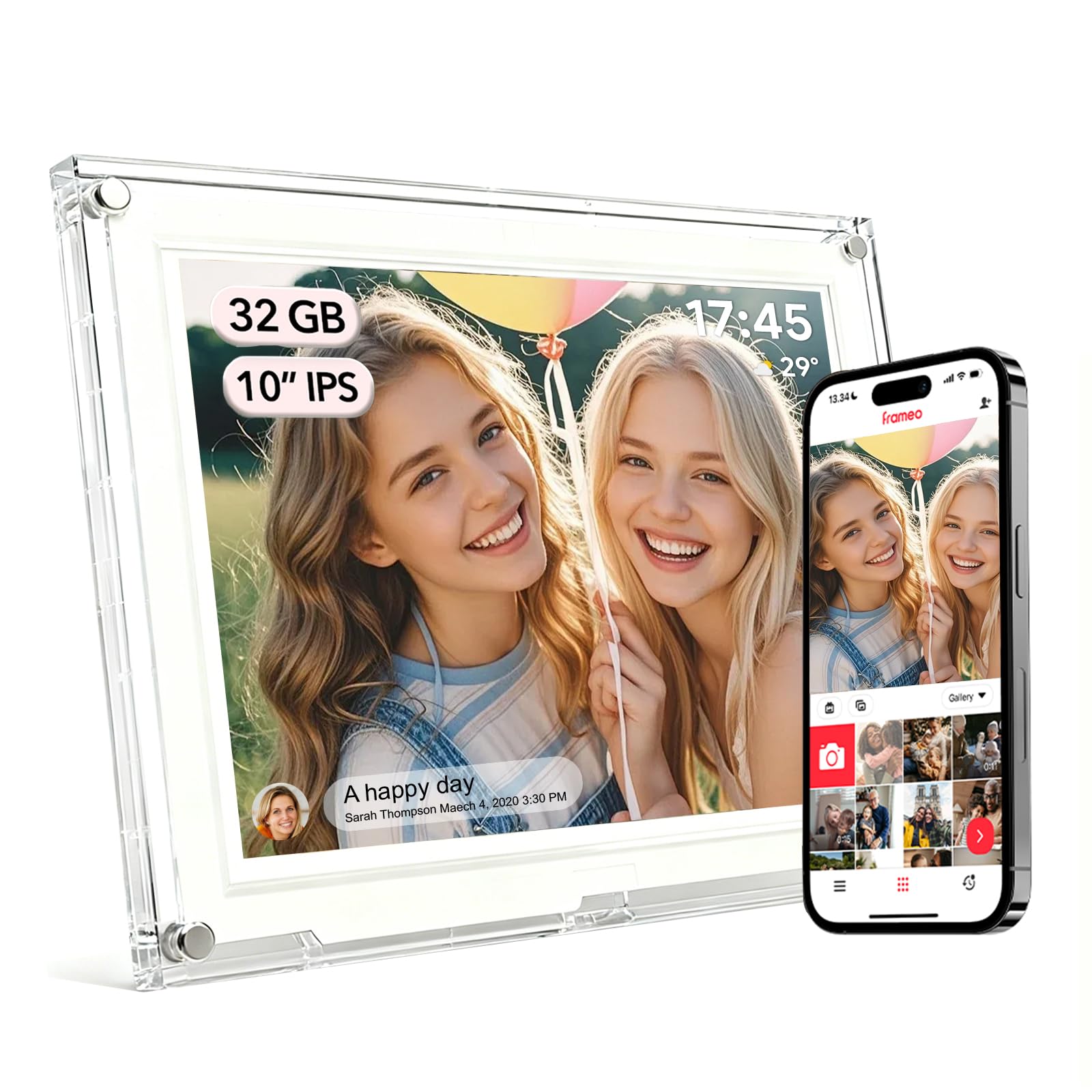 Frameo Digital Picture Frame,10.1 Inch WiFi Slim Acrylic Digital Photo Frames,1280x800 HD IPS Touch Screen Photo Frame Electronic,32GB Memory,Share Photos/Videos Instantly via Frameo App from Anywhere