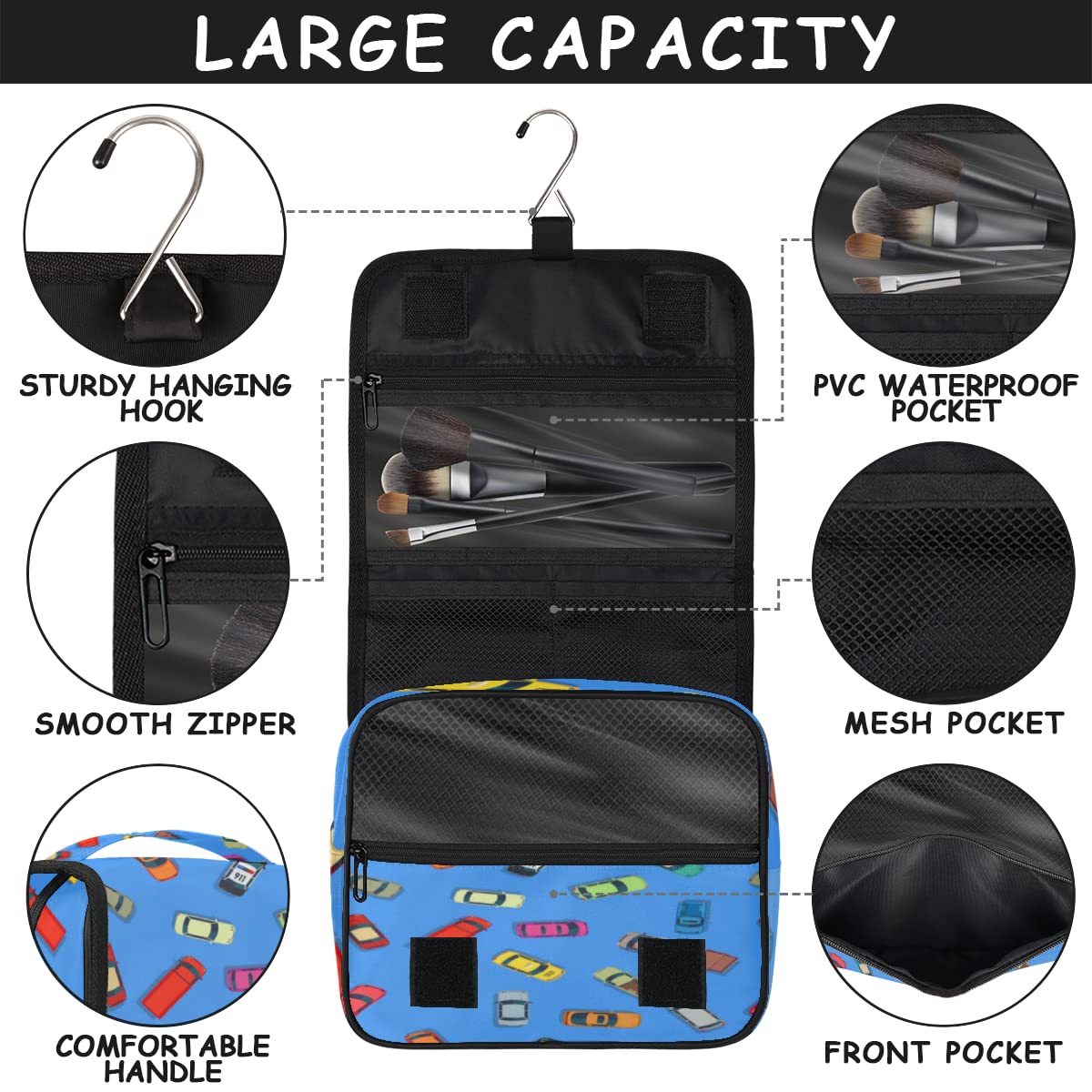 Samochody Podróżna kosmetyczka Kreskówka Transport Samochody Mycie Torba Unisex Wiszące przybory toaletowe Kosmetyczka Organizer do makijażu, wielobarwny, Jeden rozmiar