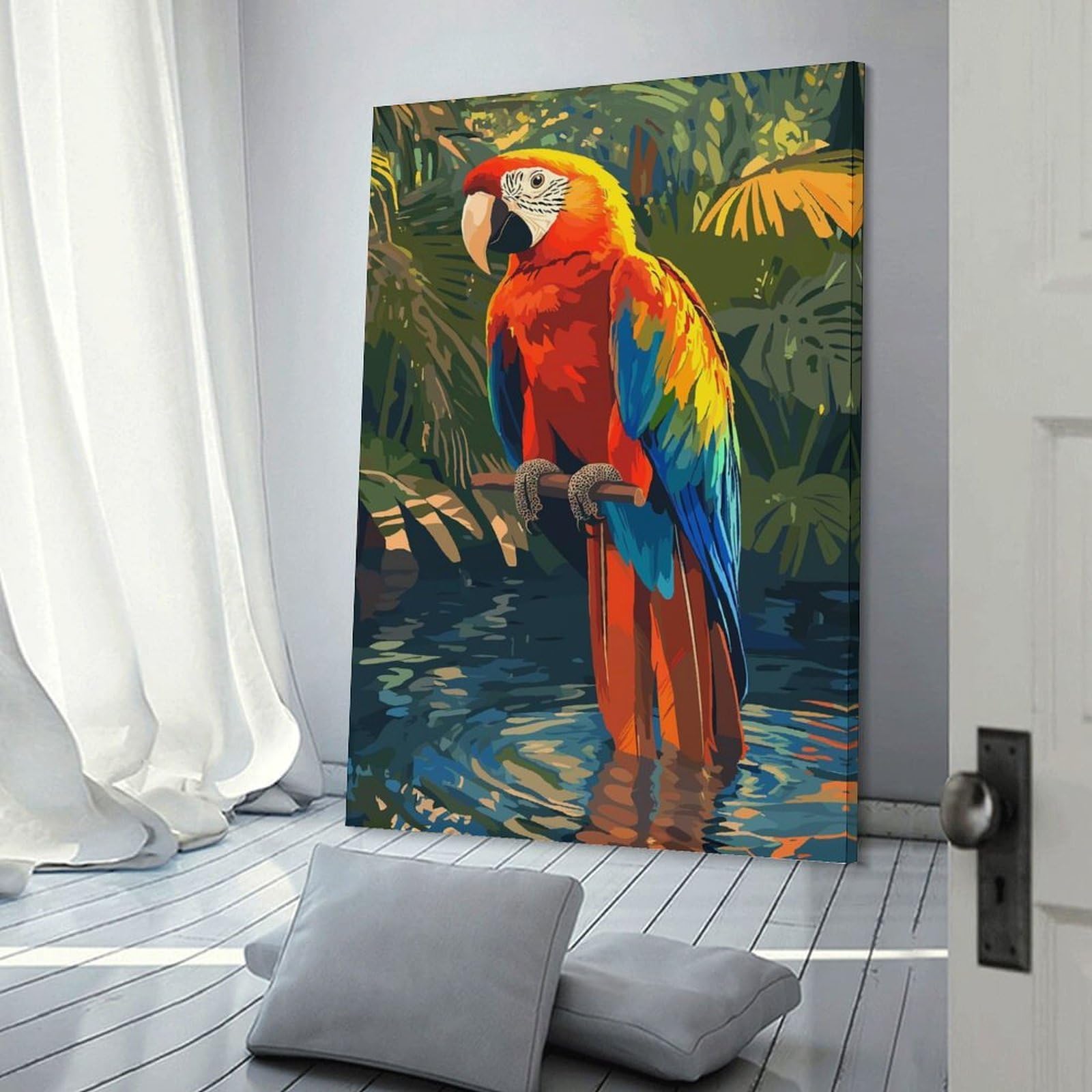 Junmoney Colorful Macaw in Tropical Setting Home Decor Wall Art, 20x30inch(50x75cm), for Apartment Walls, Studios Or Work Areas, Wall Decor with Flexible Room Appeal