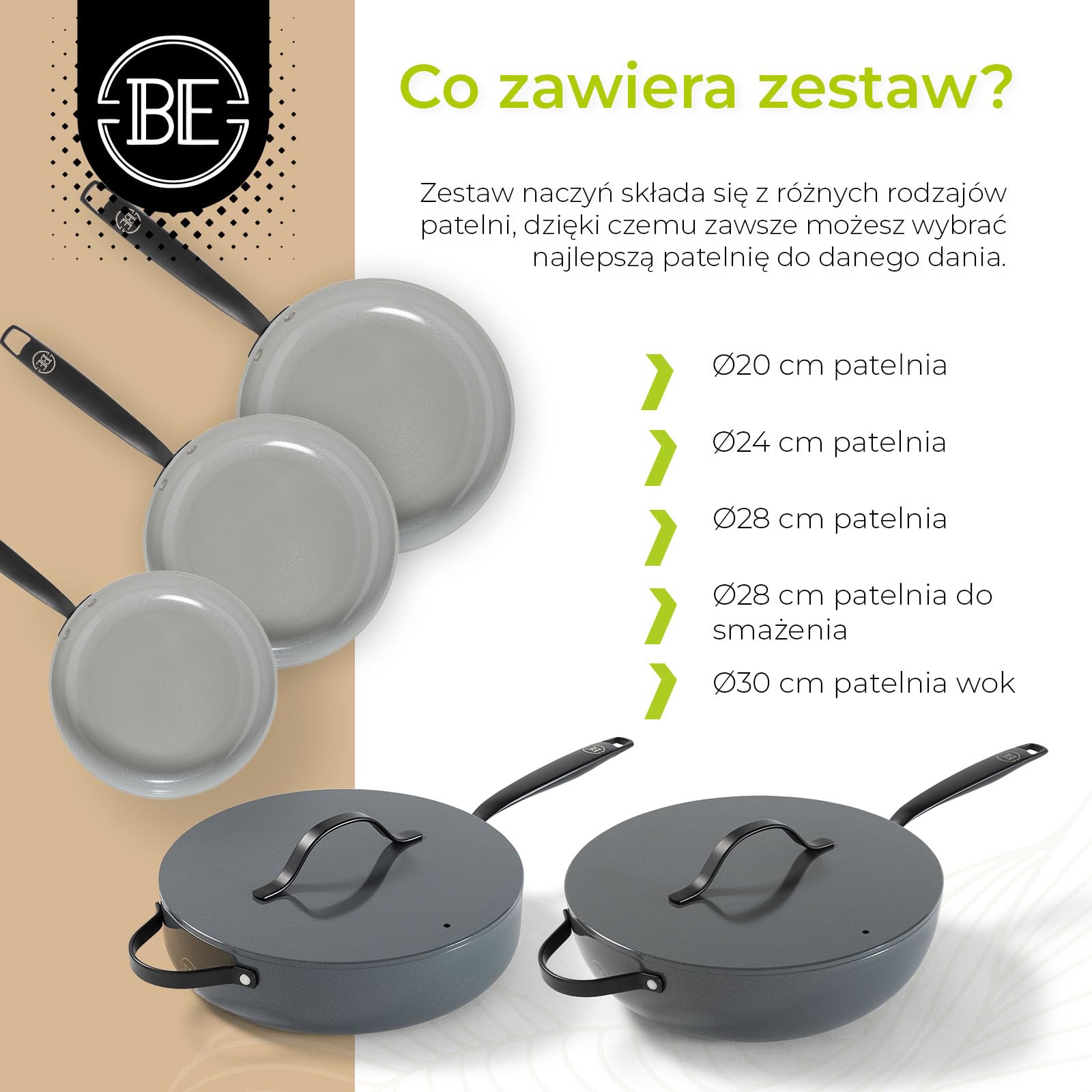 BE Living Essential 5-częściowy zestaw garnków, Ø 20, 24 i 28 cm patelnia do smażenia + Ø 30 cm patelnia do gotowania + Ø 28 cm, zestaw patelni, ceramiczne, bez PFAS, indukcja, szary