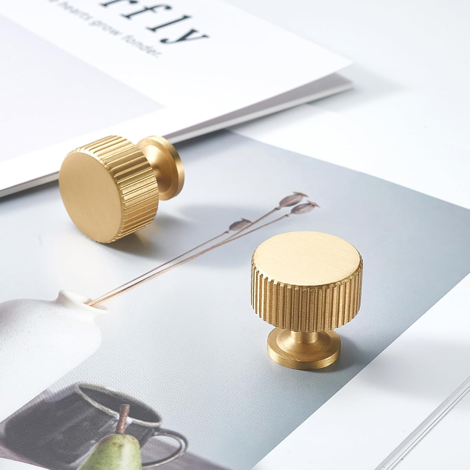 Brushed-Gold Drawer Cabinet Knobs - 10 Pack Solid Brass Handles(1-1/8x1-1/8inch/28x28mm) Modern Hardware for Dresser Kitchen Bedroom Bathroom