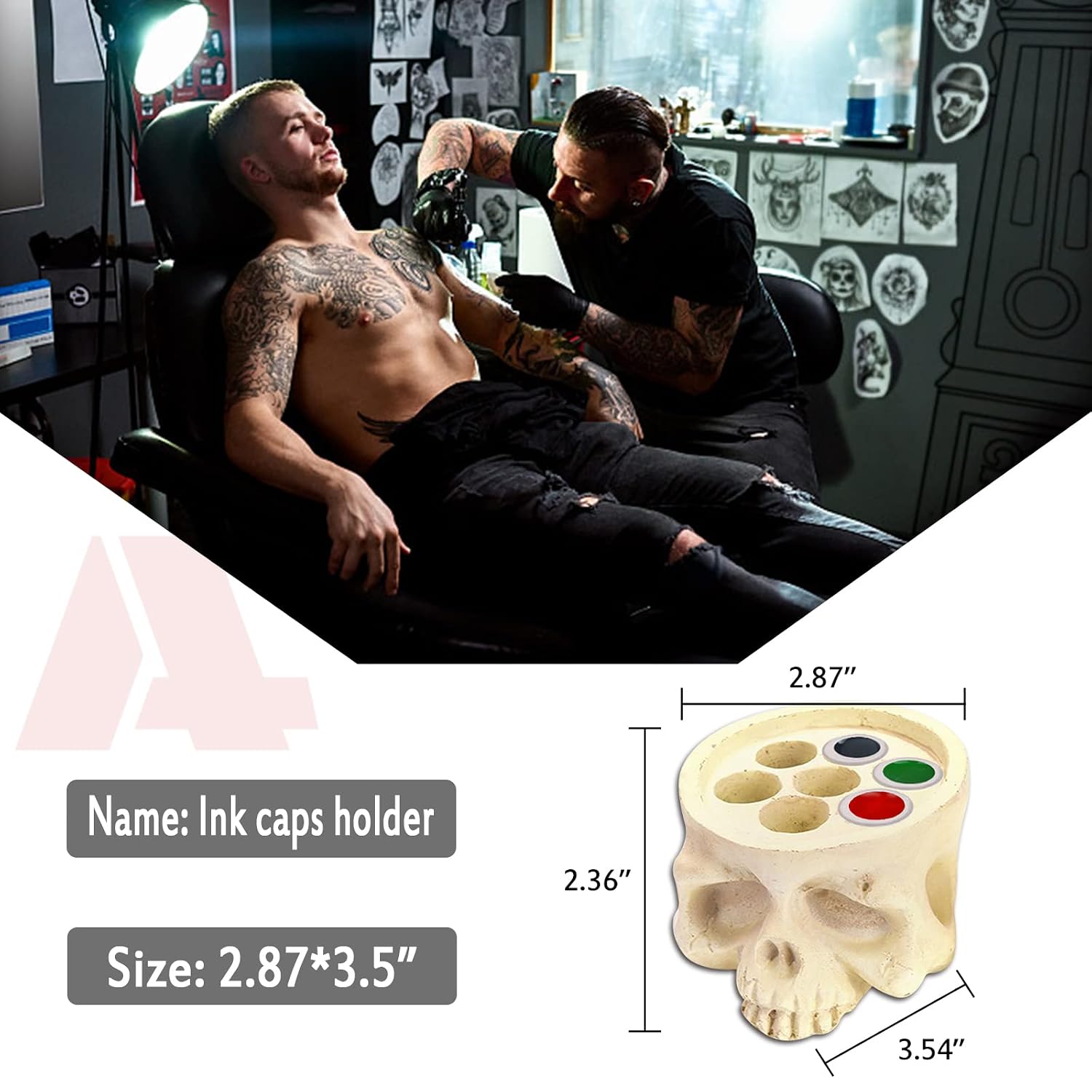 1Pcs 7 Holes Tattoo Ink Cup Holder Hard Skull Resin and 100pcs #15 Large Tattoo Ink Caps Ink Holder for Tattoo Artist Gift Tattoo Supplies
