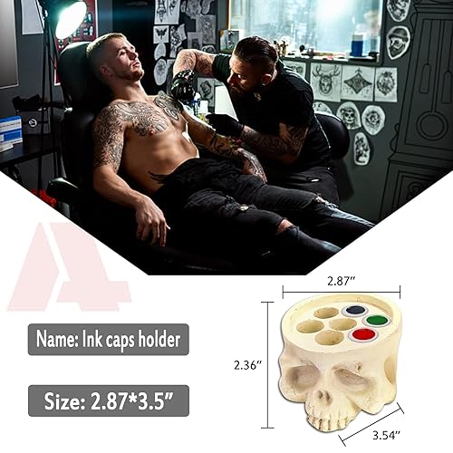 Miniatura 4 de 1 soporte para tinta de tatuaje con 100 tapas de tinta, 1 pieza Anghie de 7 agujeros de resina dura de calavera para tatuajes y 100 tapas grandes de