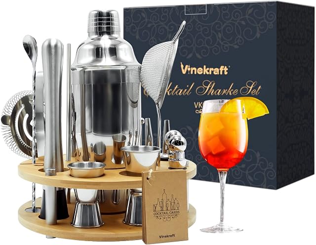 Vinekraft Mixology Bartender Kit, 25 Piece Cocktail Shaker Set with Bamboo Rotating Stand, Stainless Steel Professional Bar Accessories Tools Set Gift for Home, Bar and Party, with Recipes