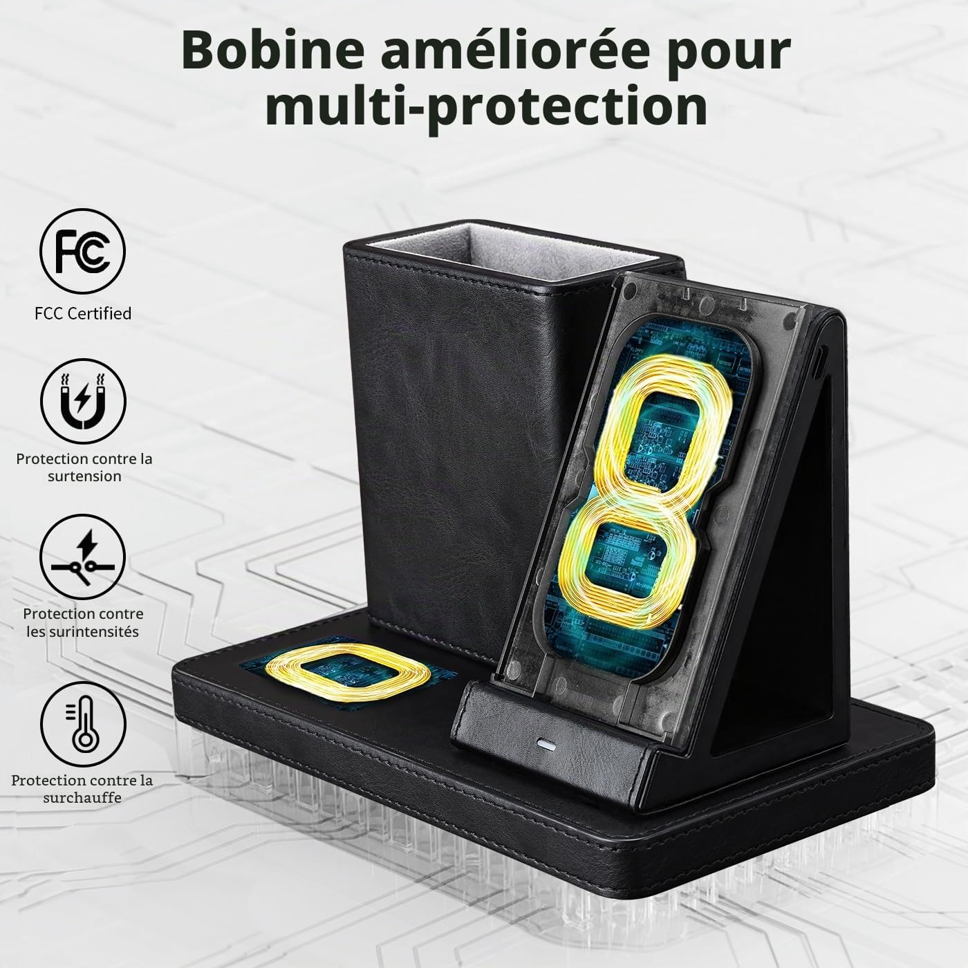 KINGFOM 3 en 1 Station de Charge inductive, Chargeur sans Fil avec Adaptateur 30 W, Station de Charge sans Fil Compatible avec iPhone 15/14/13/12/11, iWatch 9/8/7/6/5/4/SE, AirPods Pro/2/3