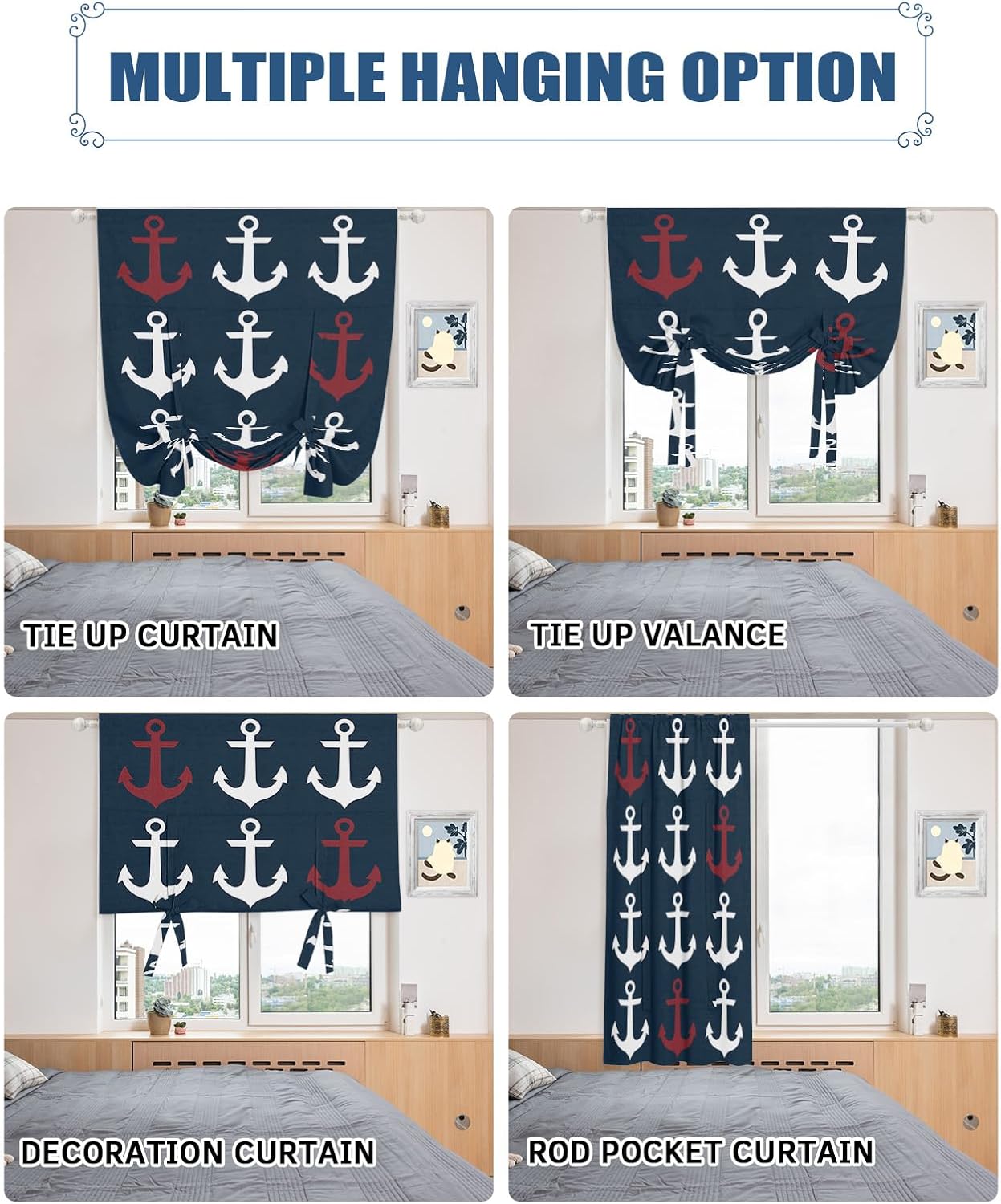 Balloon Tie Up Curtain, Adjustable Rod Pocket Panel Blackout Window Valances Curtains, Nautical Ocean Anchor Dark Blue Short Treatment Window Shades Decor for Bedroom Farmhouse Kitchen - 42"x54"