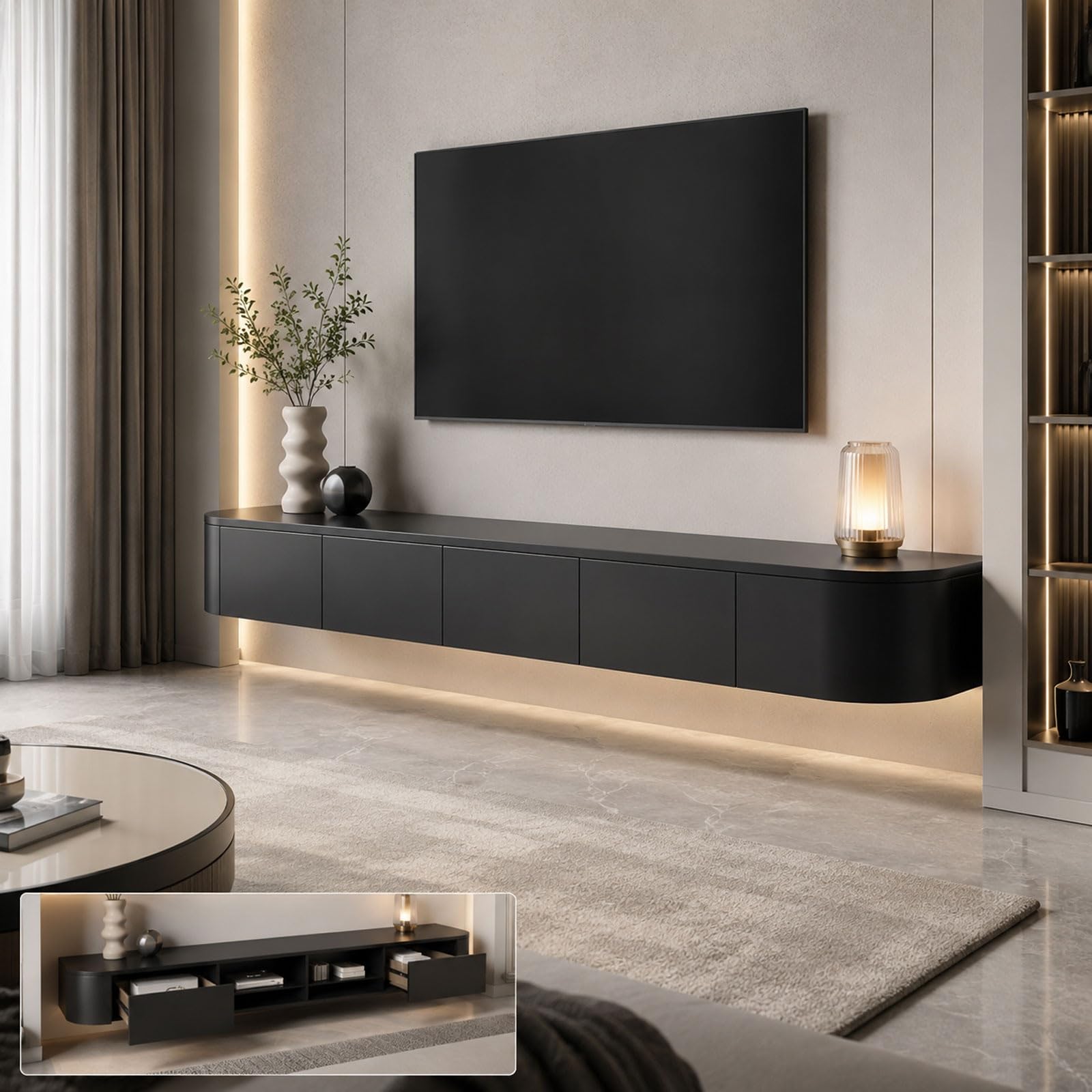 Meuble TV mural flottant pour ranger les cables encombrants des grands ecrans