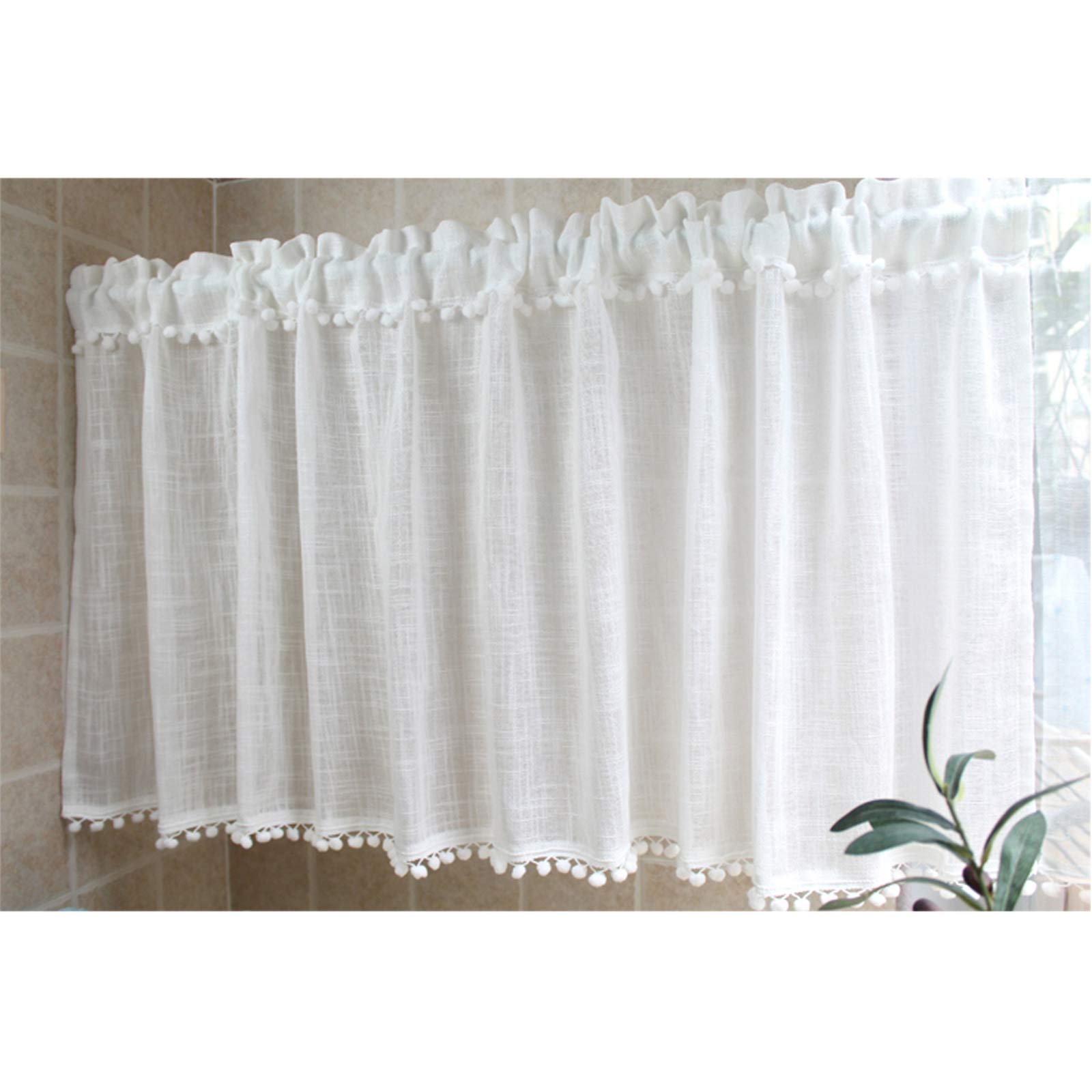 Zlovne Cafe Curtain Small Curtain for Bathroom,Sheer Curtains Short Curtain Pompoms Decorative Window Curtain,for Kitchen,Bedroom,Small Windows,6 Colors (White,180 * 45cm/71 * 18in)