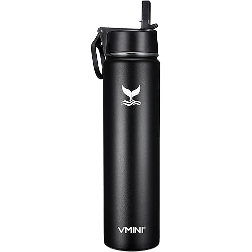 Vmini Water Bottle with Straw, Wide Rotating Handle Straw Lid, Wide Mouth Vacuum Insulated Stainless Steel Water Bottle, Black, 24 oz