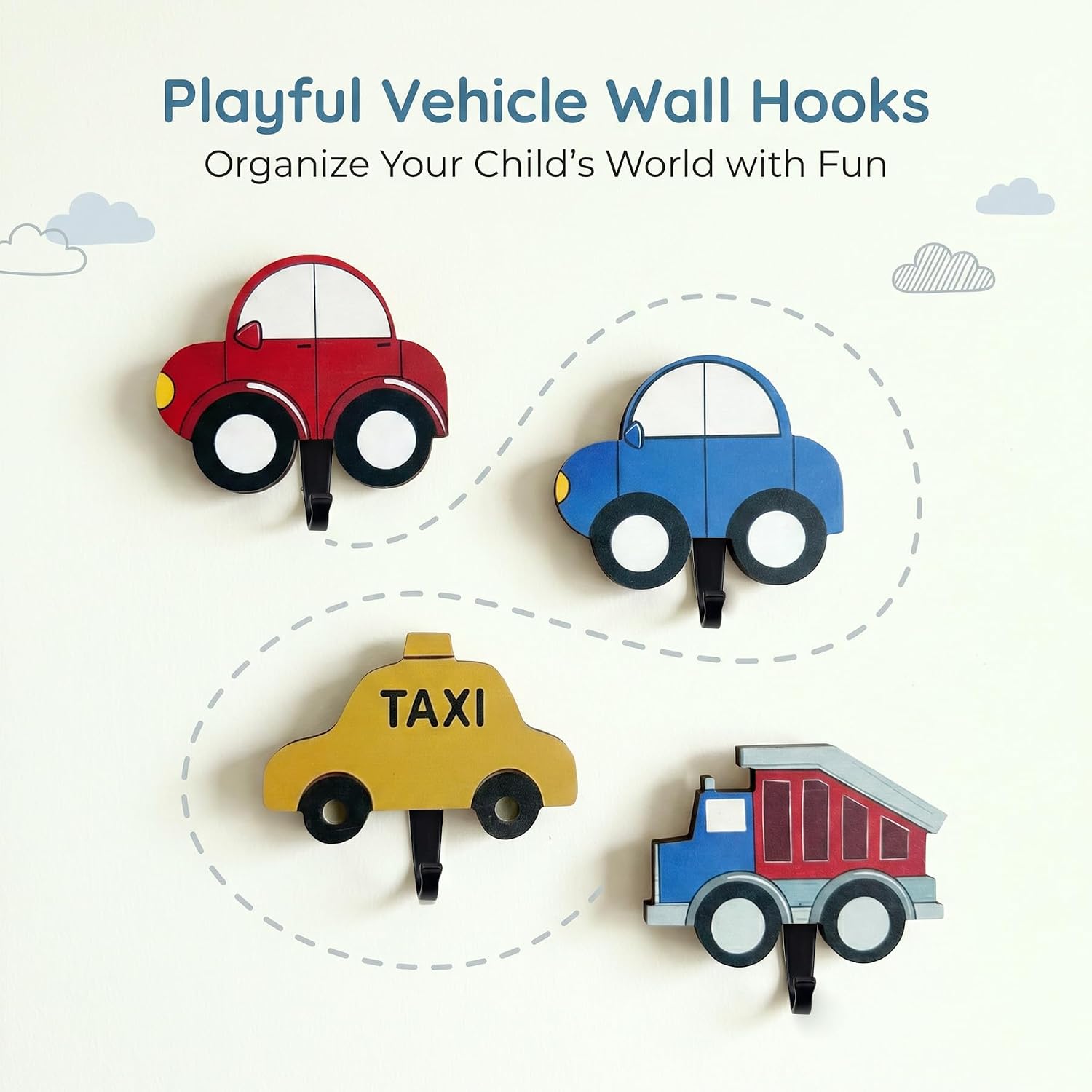 4 Pack Cute Wood Kids Car Wall Hook Decorative Wooden Hanging Nursery Room Coat Hats Towels Wall Hooks Bedroom Decor
