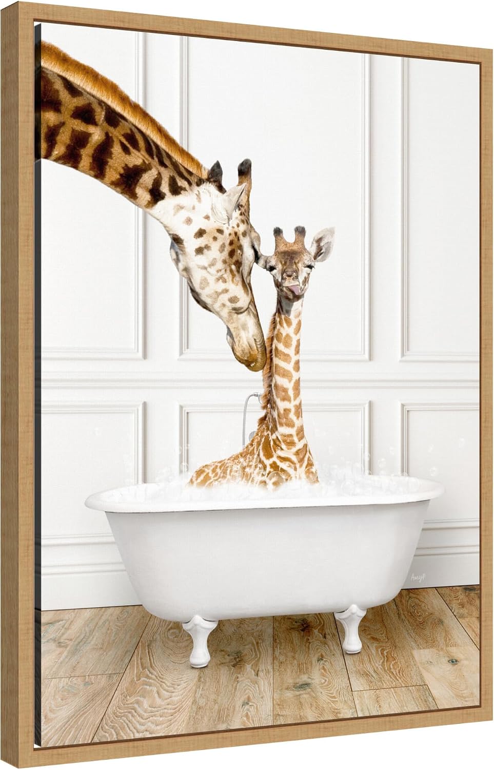 Kate and Laurel Mother and Baby Giraffe in Traditional Vintage Bathtub Framed Canvas Wall Art by Amy Peterson 18 x 24 Sylvie Natural, Whimsical, Animals, Bathroom Art for Wall Decor, Living Room,