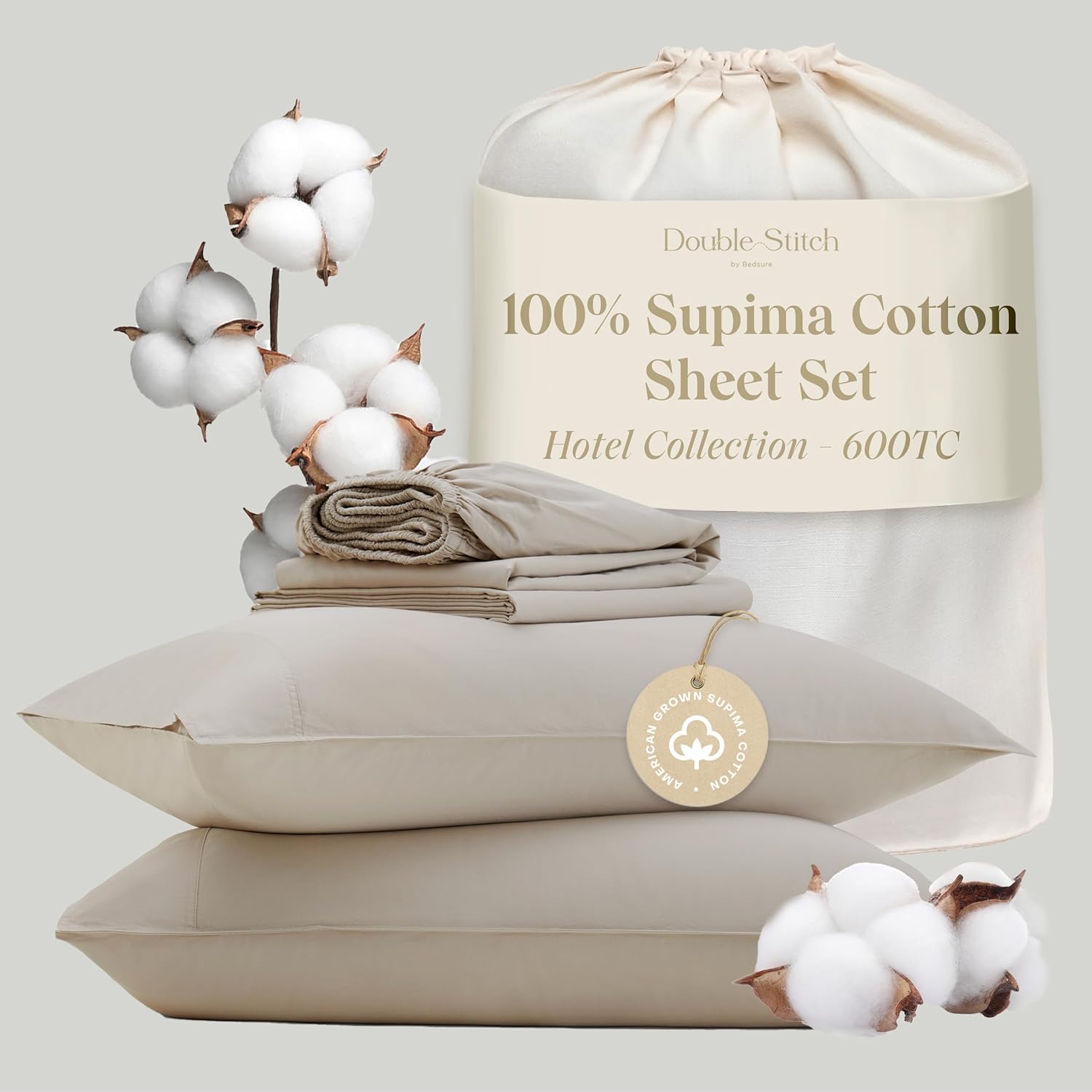 Double Stitch 100% American Supima Cotton Sheet Set - 600 Thread Count Sateen Weave Sheets Cal King Size, Hotel Luxury Long Staple Cotton Bedding Set, Deep Pocket Up to 16'', Oat Oat Solid Cal King (72" x 84" x 16")