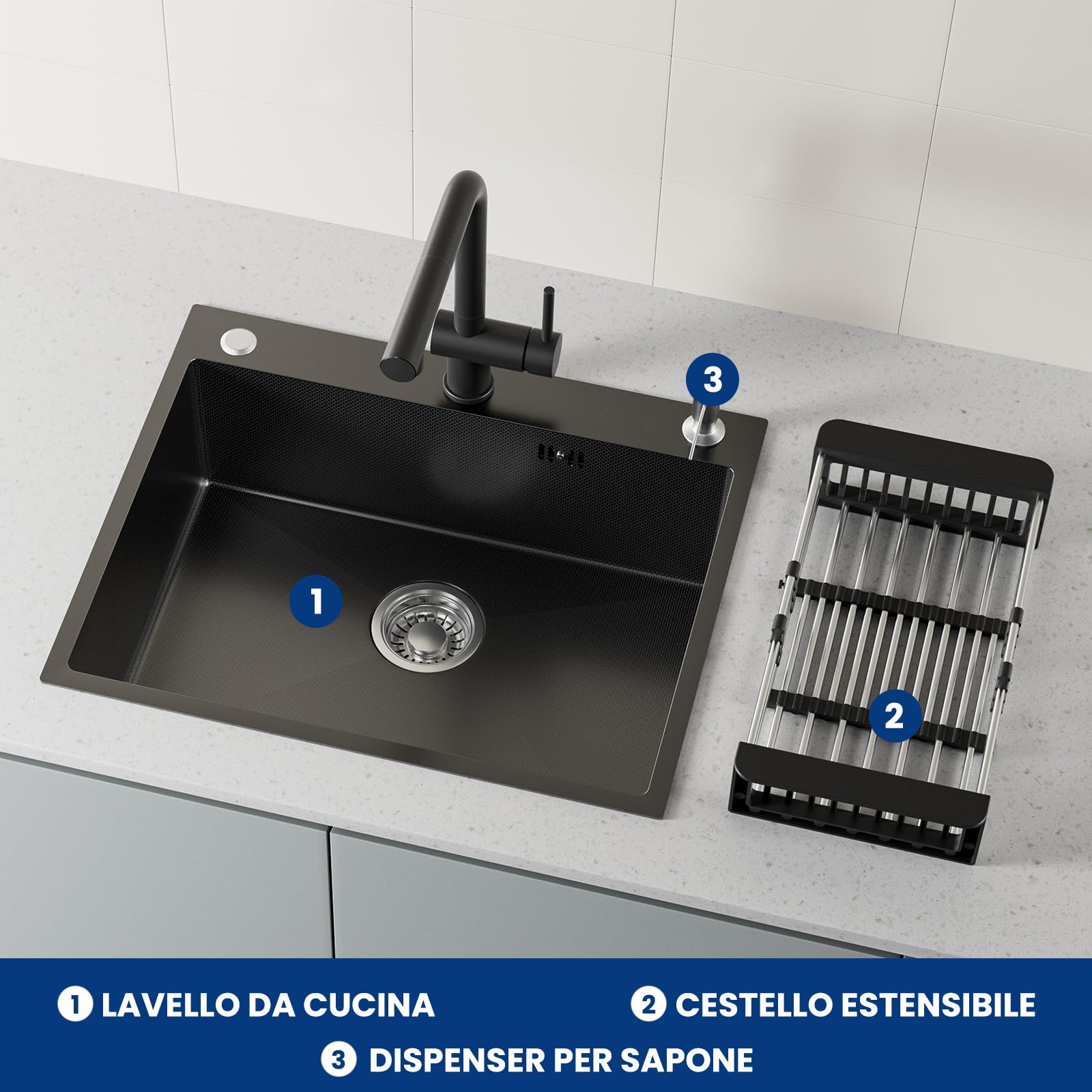 CECIPA 60x49 cm Lavello Nero 1 Vasca in Acciaio Inox, Lavandino Cucina 1 Vasca con Dispenser Sapone e Cestello, Lavello Cucina per Mobile da 60cm, da Incasso o Banco, con Sifone e Scarico