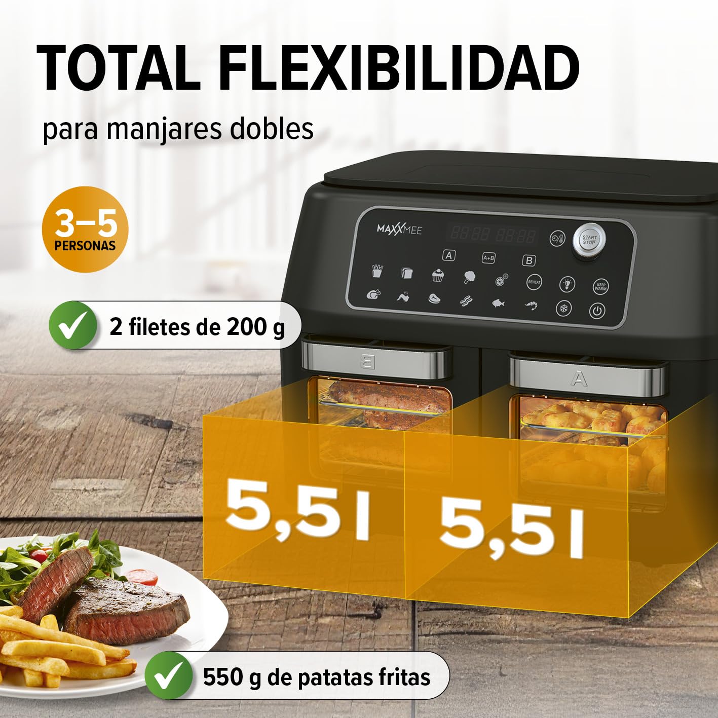 MAXXMEE Freidora de aire caliente de doble cámara 11 l | Combinación inteligente de horno de aire caliente, parrilla y freidora con 2 compartimentos XXL de 5,5 litros cada uno | Panel de control