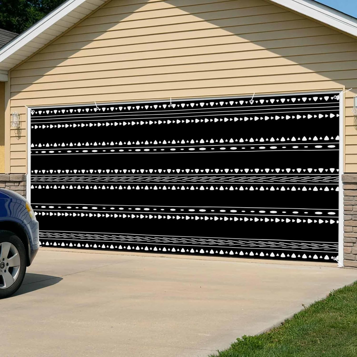 White Bohemia 7 x 16 ft Garage Door Cover Black Boho Geometric Lines Large Decorations Waterproof Banner for Holiday Outdoor Decor
