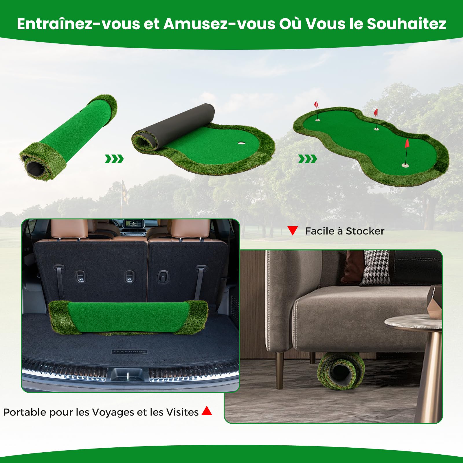 GOPLUS Tapis de Putting Golf avec 3 Trous, Couvercles de Trous, Tapis d’Entraînement de Golf Professionnel avec Gazon Synthétique, Gobelets, Balles, Intérieur & Extérieur