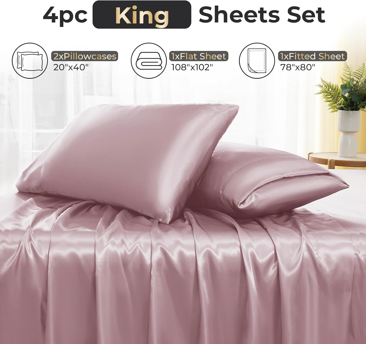 Sasttie Satin Sheets King - 4 Pieces Luxury Soft Dusty Pink Silky Bed Sheets Set with Pillowcases - Smooth Silk-Like Satin Fabric, Reinforced 14 Inches Pocket, Oeko-Tex Certified