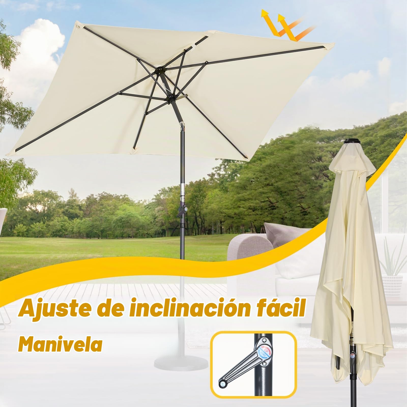 Angel Living 2.1x1.4M Sombrilla de Jardín, Parasol de Acero y Poliéster, Parasol Inclinado con Manivela, Mástil Acero 38mm, para Jardín, Terraza, Balcón