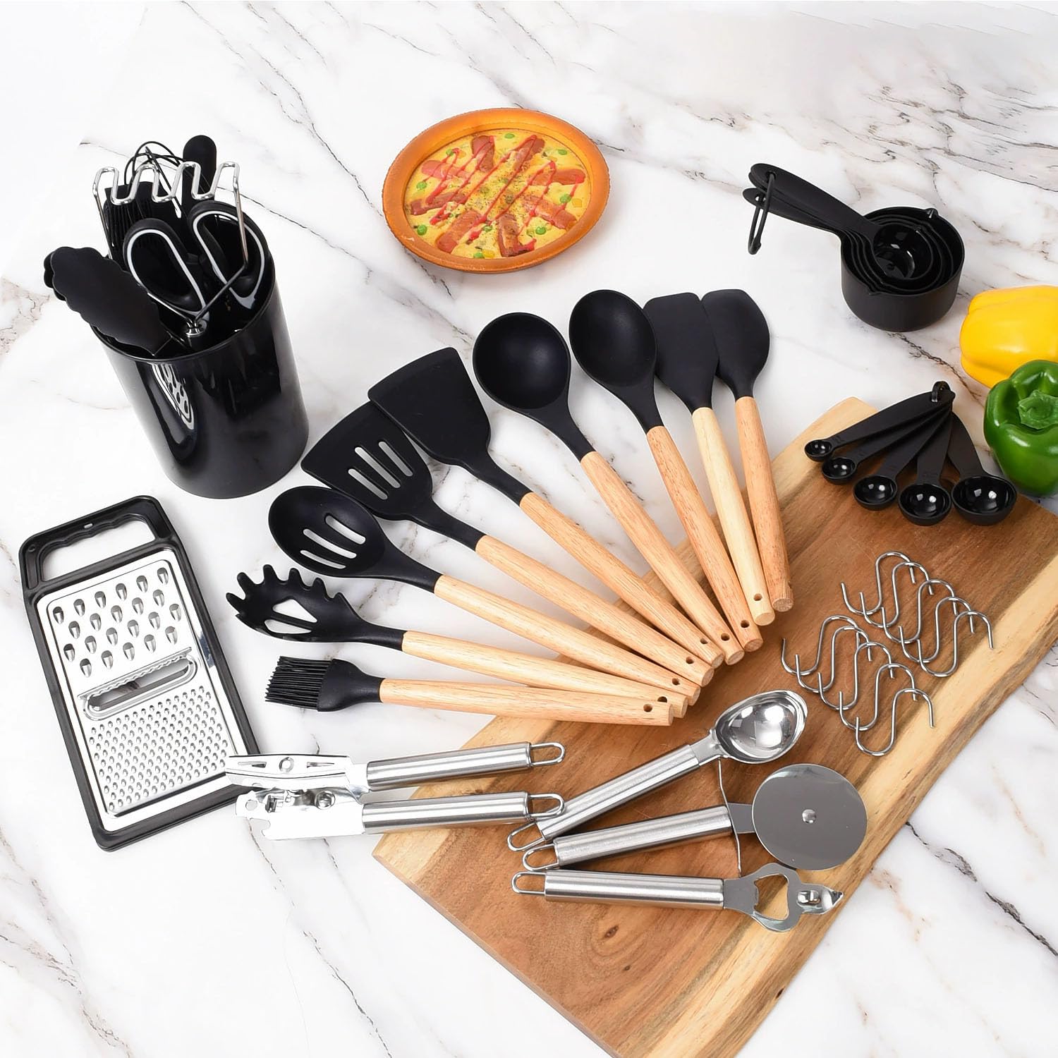 Silikon Küchenhelfer Set Kochlöffel Set Premium Kochutensilie Mit Antihaft-Beschichtung Hitzebeständiger Kochbesteck Set Spülmaschinengeeignet Mit Utensilienhalter Ideal Für Alle Kochgeschirr Pfannen