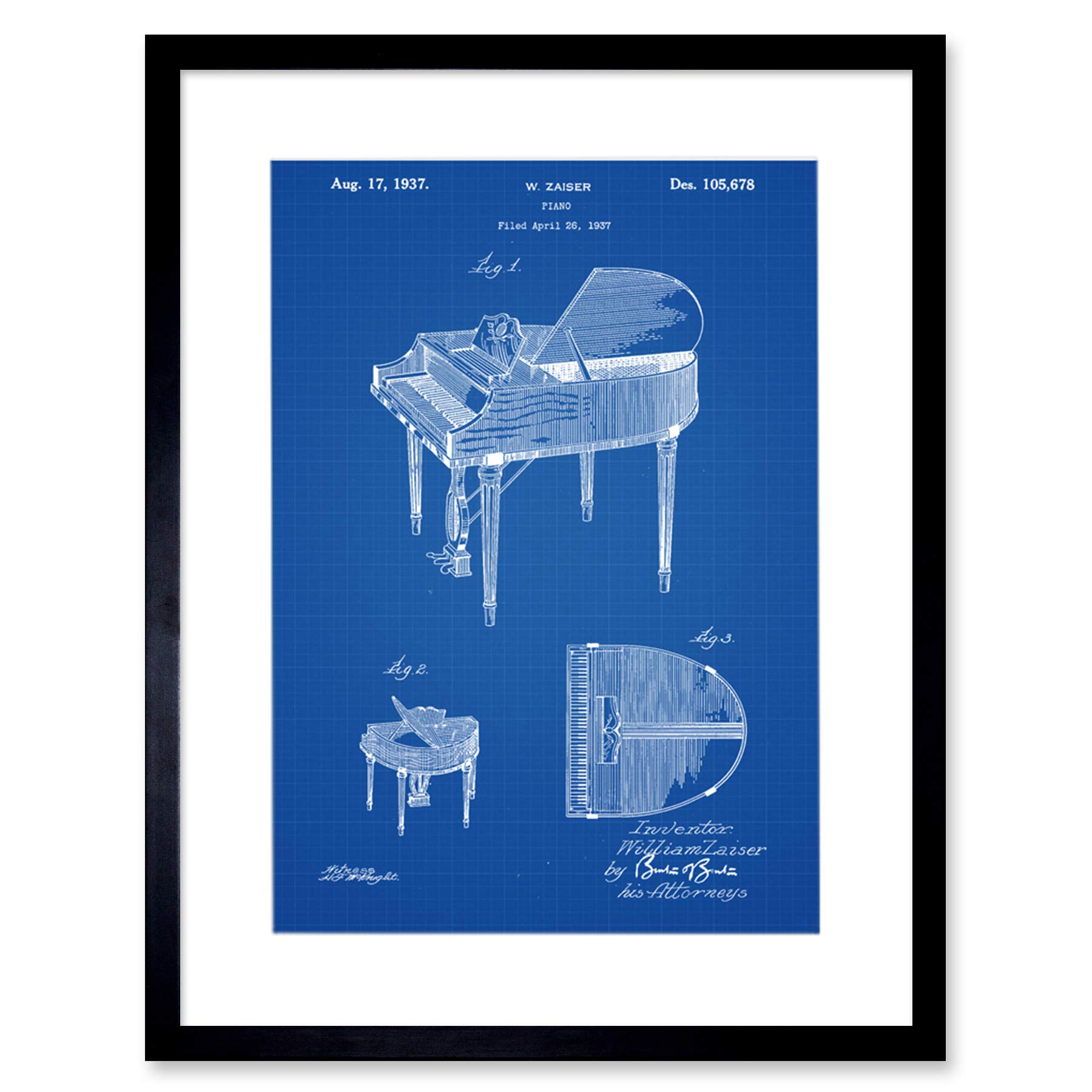 Wee Blue Coo Piano Blueprint Artwork Framed Wall Art Print 12X16 Inch