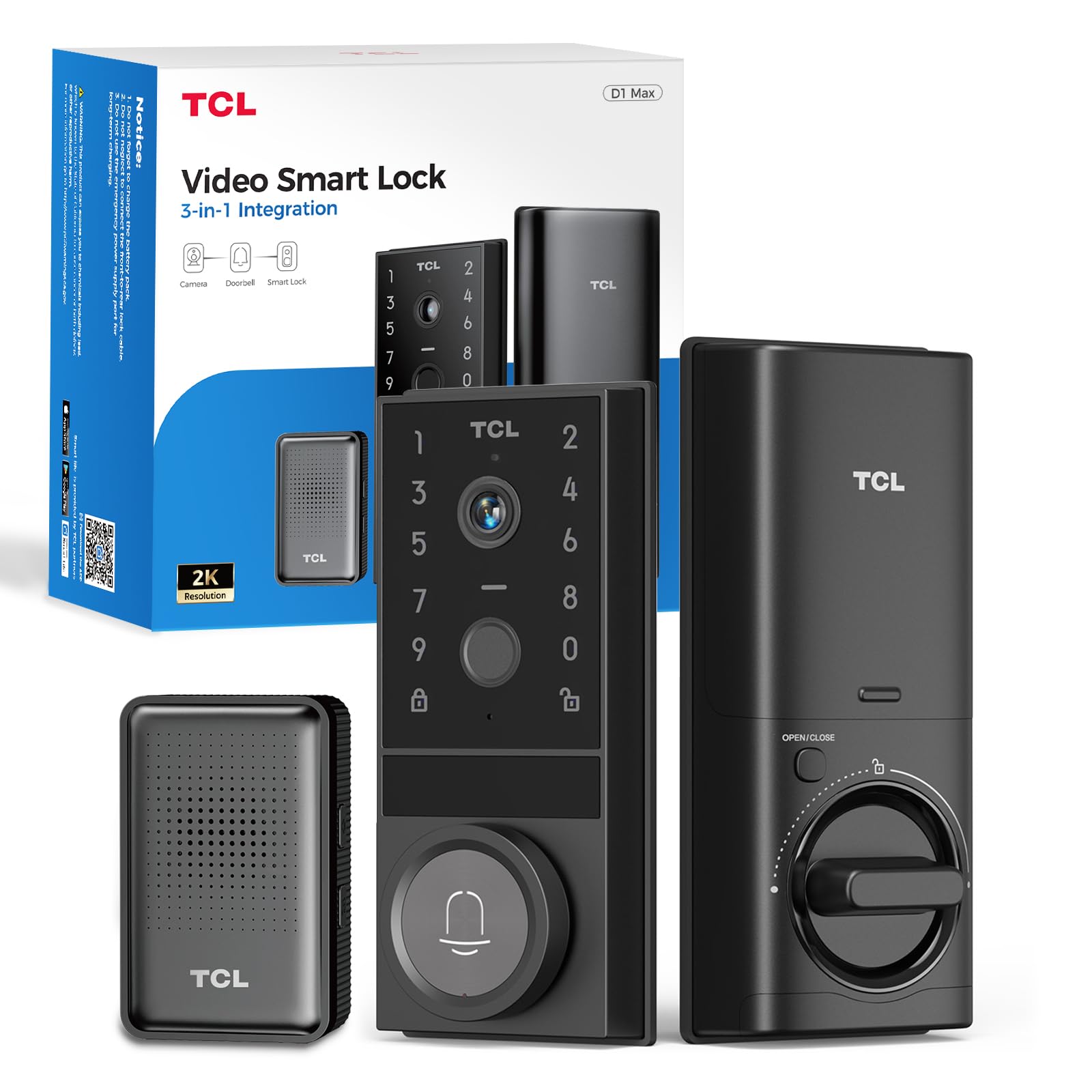 Serrure Connectée TCL D1 MAX 2K : Caméra, Sonnette Et Empreinte Digitale, Pêne Dormant Intégré