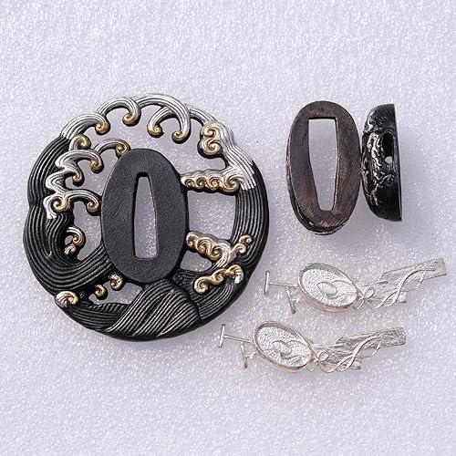 Miniatura 9 de BOHIHYU Espada Samurai Japonés Koshirae-Tsuba Fuchi Kashira Menuki Oro chapado en cobre