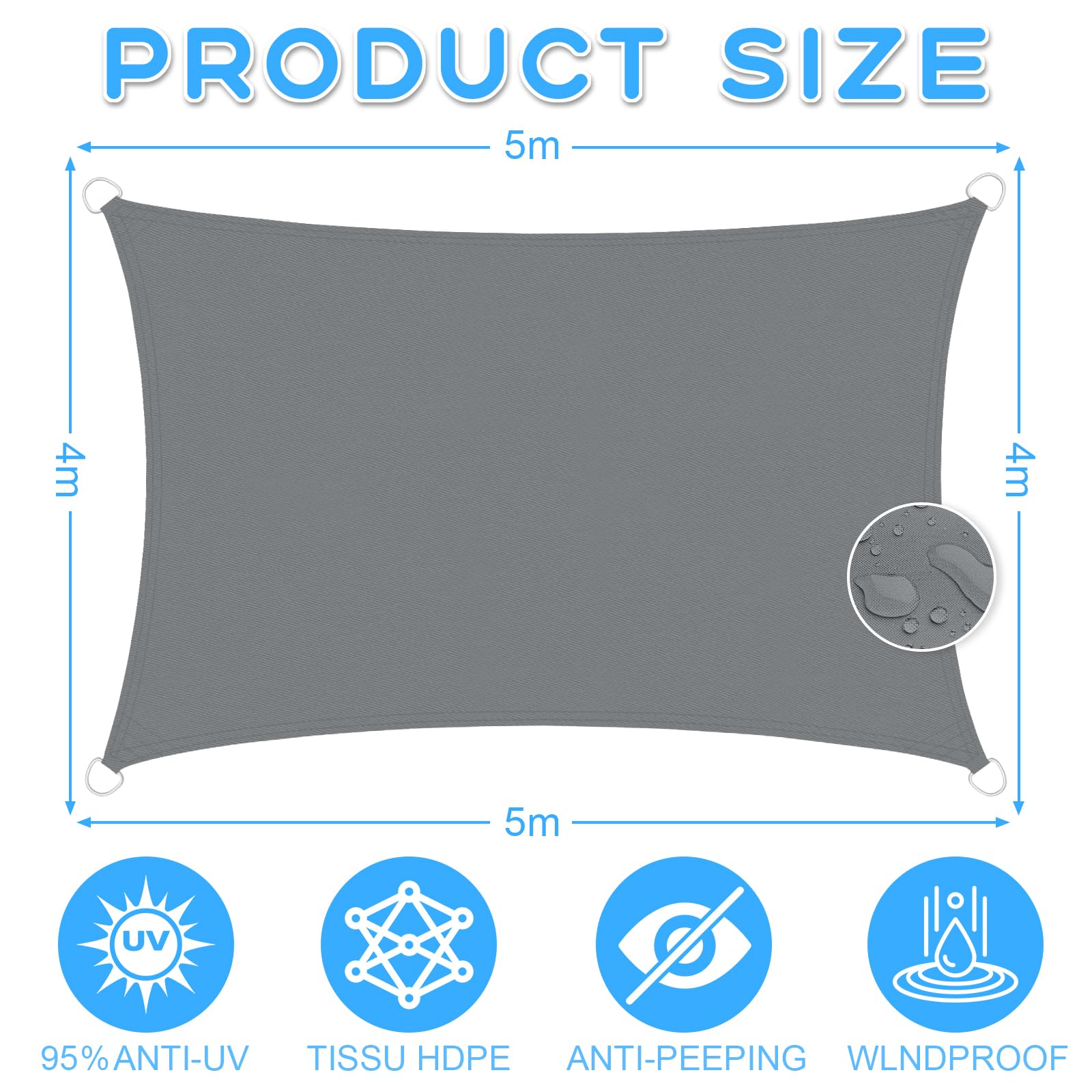 Vela Parasole Impermeabile Dell'ombrellone 4x5m, Tessuto Oxford 420D Vela Ombreggiante, Resistente ai Raggi UV 95%, Vela Ombreggiante per Piscina, Giardino, Terrazza, Parco, Campeggio - Grigio