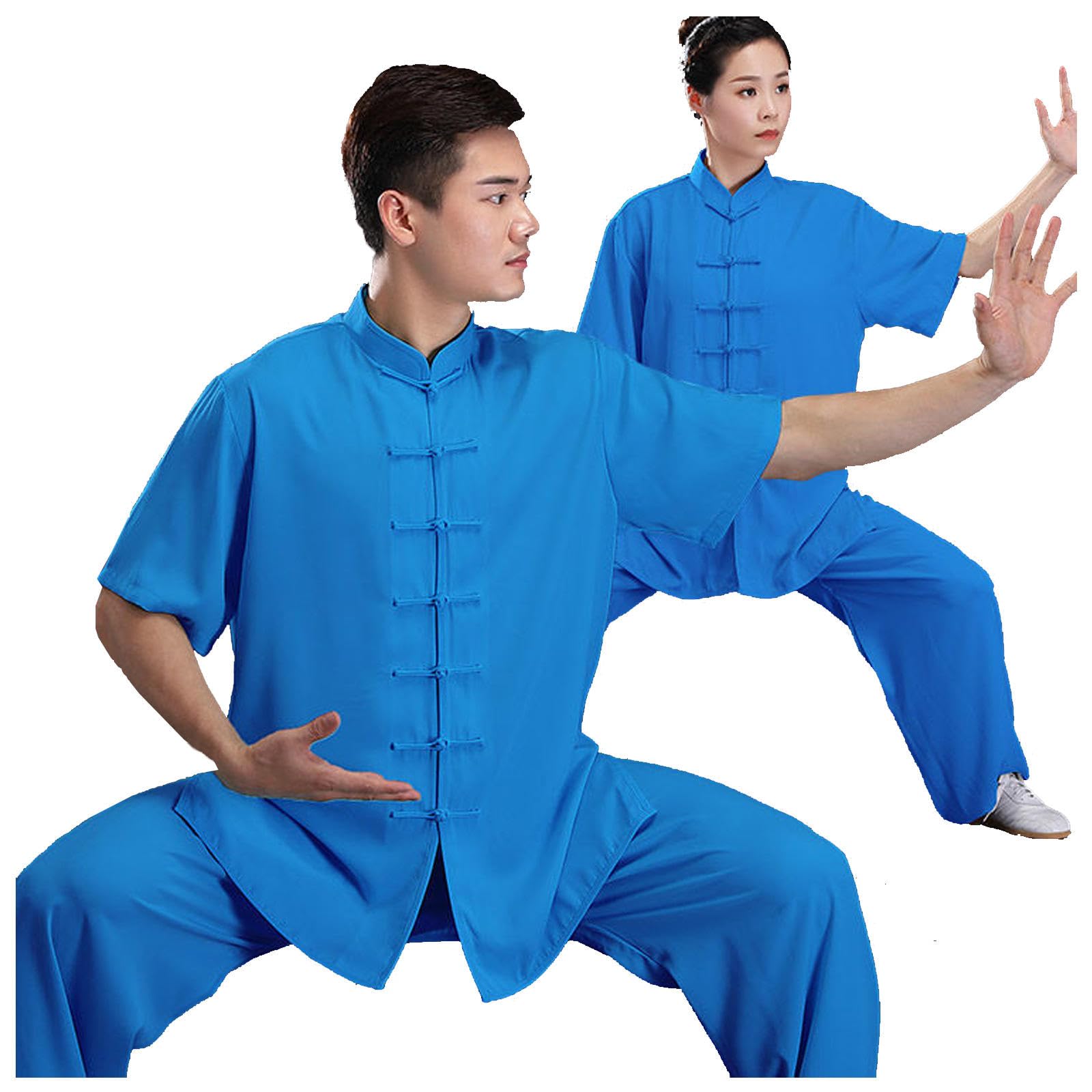 Uniforme de Tai Chi Unisexe - Hommes Femmes Manches Courtes Kung Fu Arts Martiaux Vêtements pour Exercices Qigong Kung Fu Wing Chun,RoyalBlue-S