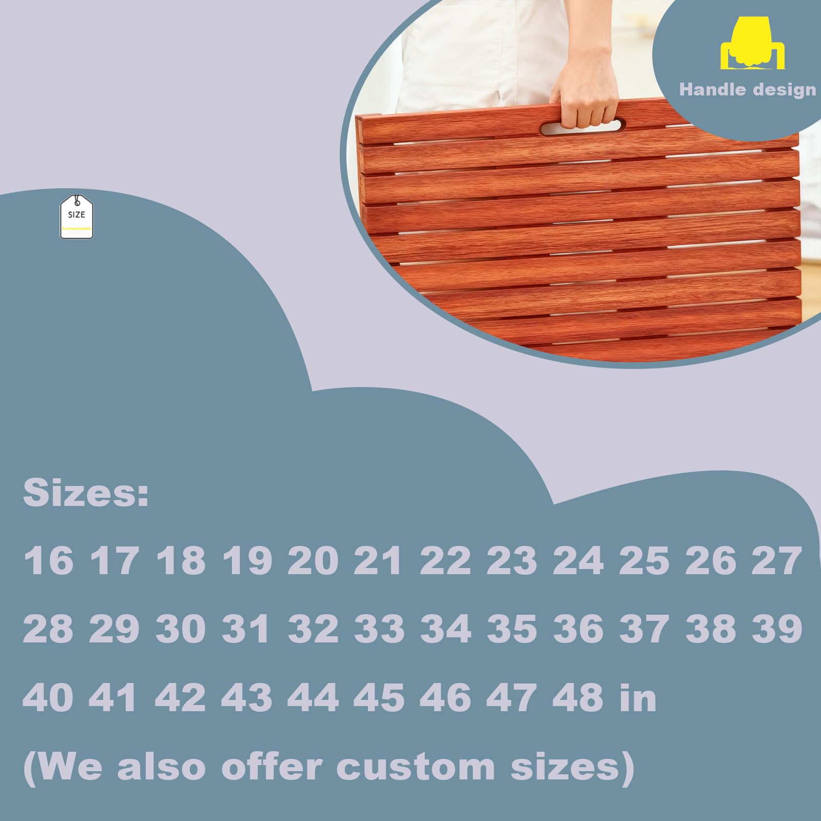 Tappetino originale per vasca da bagno e doccia in teak, antiscivolo, impermeabile, durevole, capacità di carico fino a 136 kg, adatto per bagno spa e uso esterno (83,8 x 71,1 cm (rettangolare))