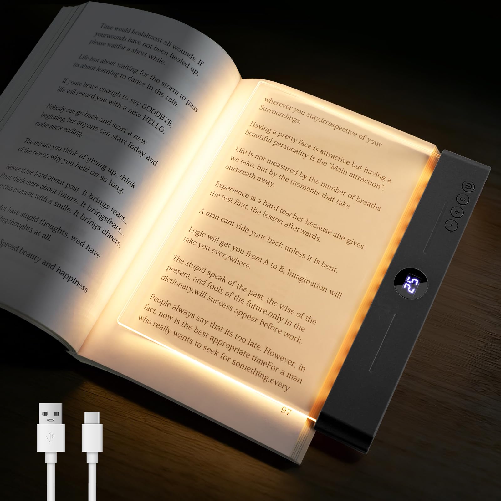 Intelligentes flaches Buchlicht, wiederaufladbar, klare LED-Leselampe mit 3 Farben und Timer, dimmbare Ganzseiten-Lampe, Leselichter für Bücher, Augenschutz für Kinder, zum Lesen bei Nacht im Bett