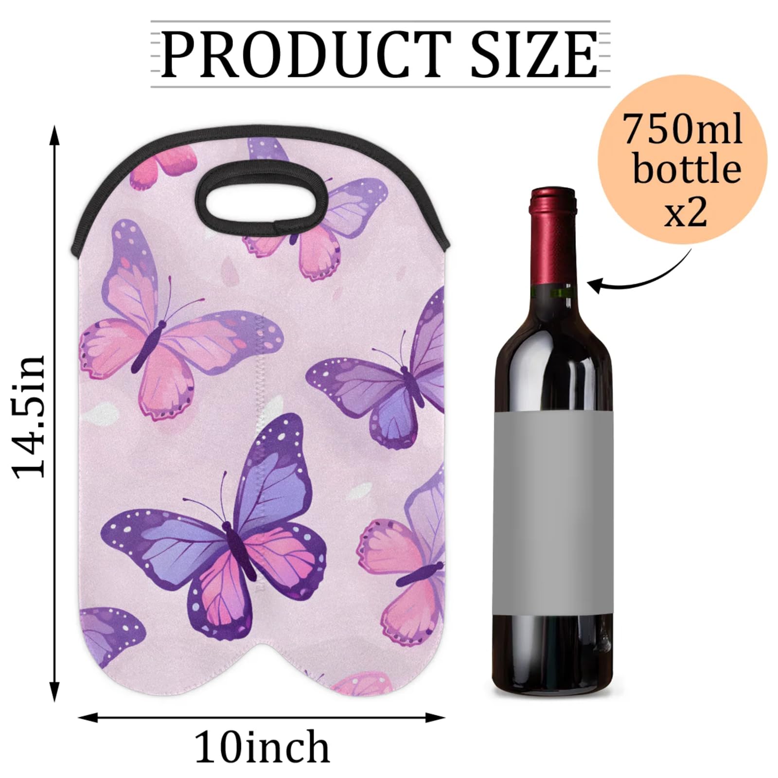 GzLeyigou 2 Bottles Butterfly Wine Bag Sleeve Totes Purple Neoprene Protective Wine Carrier Bag for Wine,Water, Champagne, Beer, Baby Bottles,Gift 14.5 x 10 Inches