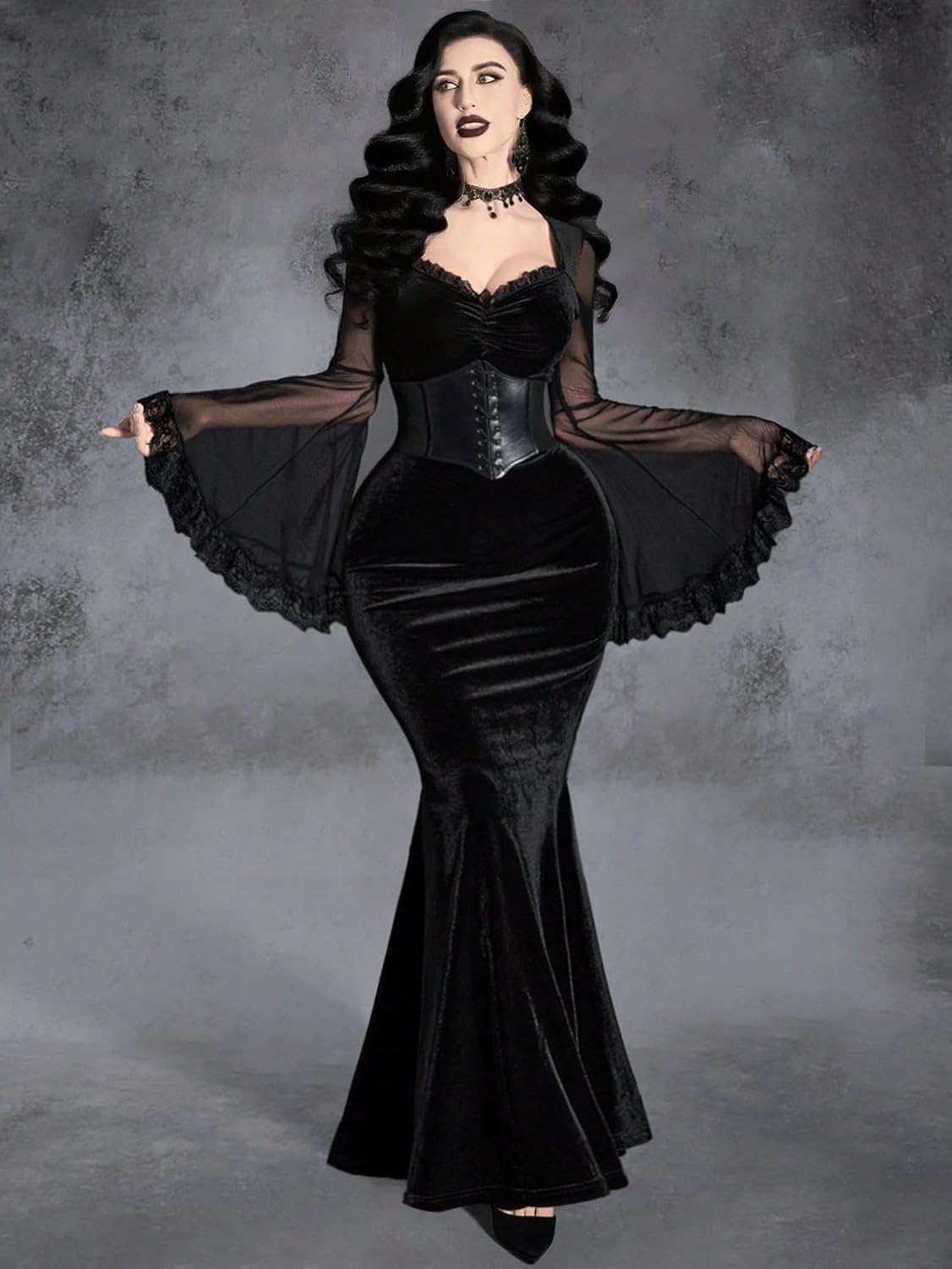 GothDark Womens Goth Dress Black Velvet Mermaid Mesh Bell Sleeve Lace Trim Sexy Vintage Cosplay Halloween Costumes - Image 4