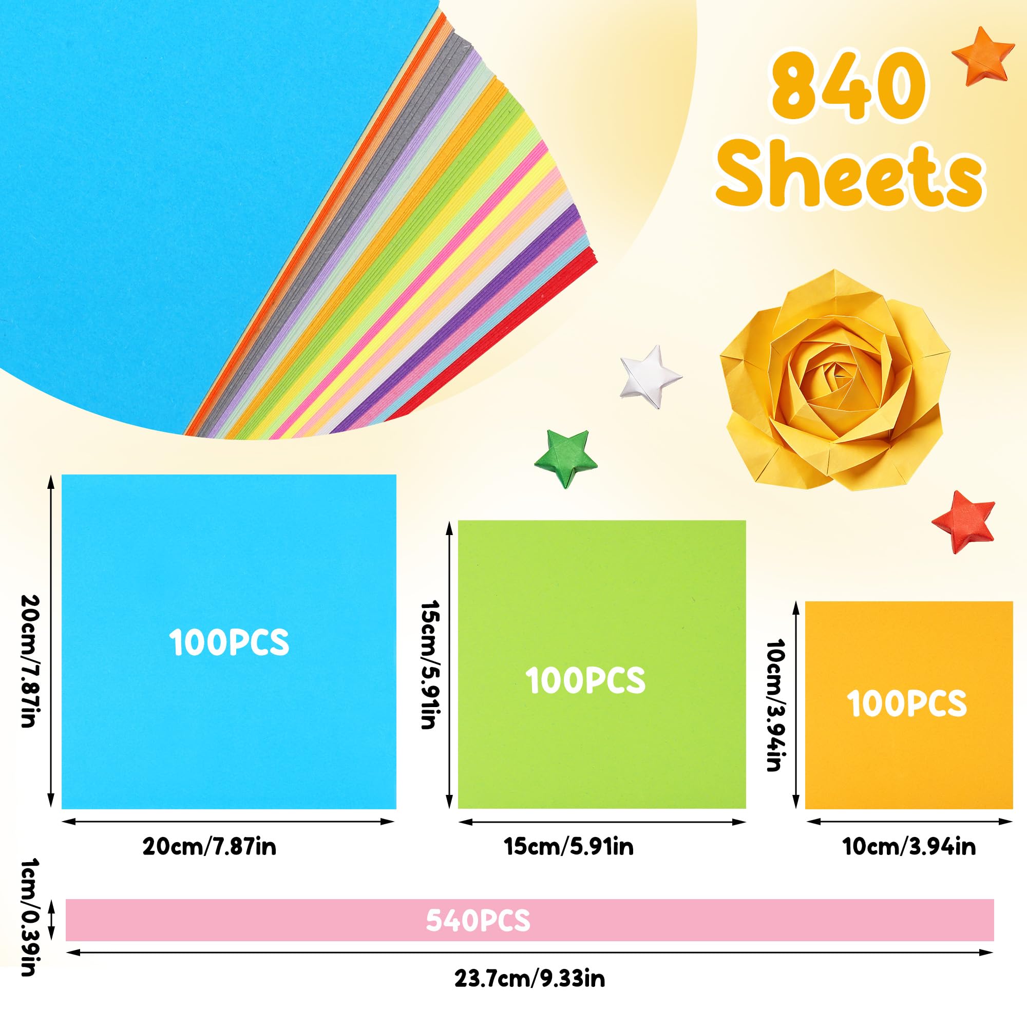 Juego de 840 Hojas de Papel Origami, 20 Colores, Doble Cara, 10/15/20 cm + Tiras, Manualidades
