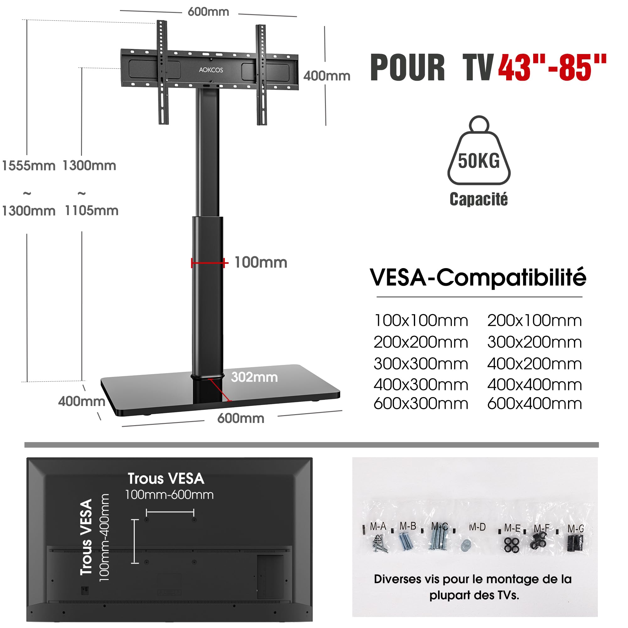AOKCOS Support TV sur Pied Plus Haut 1,6m pour 43-85 Pouces,Pied pour TV Pivotant 50° Inclinable 12° Hauteur Réglable Max VESA 600x400mm Max Capacité 50 KG (Noir)