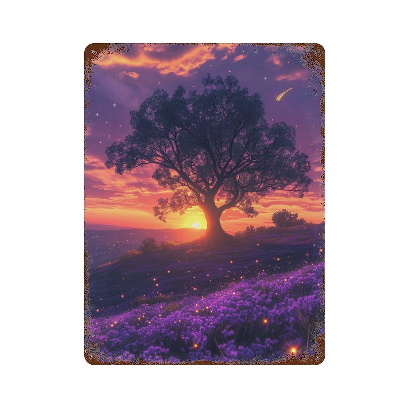 Rust Effect Lavender Field Sunset-4 Rustic Tin Plaque 15.7"x11.8", Industrial Home Decor for Bistro, Counter And Cafe Decor