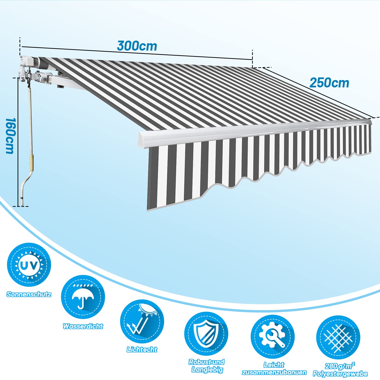 Markiza zaciskowa, 300 x 250 cm, markiza balkonowa z korbą ręczną, ochrona przed słońcem, markiza przegubowa, szaro-biała