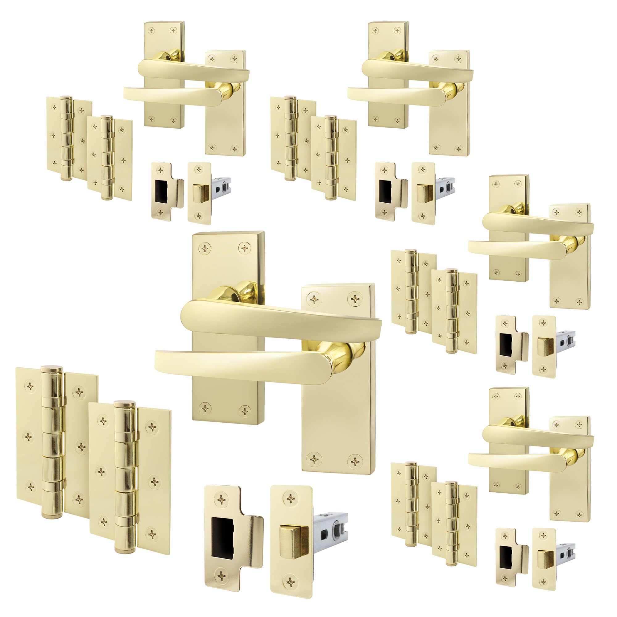 EAI Polished Brass Door Handles with Latch 64mm and Hinges, 5 Pack