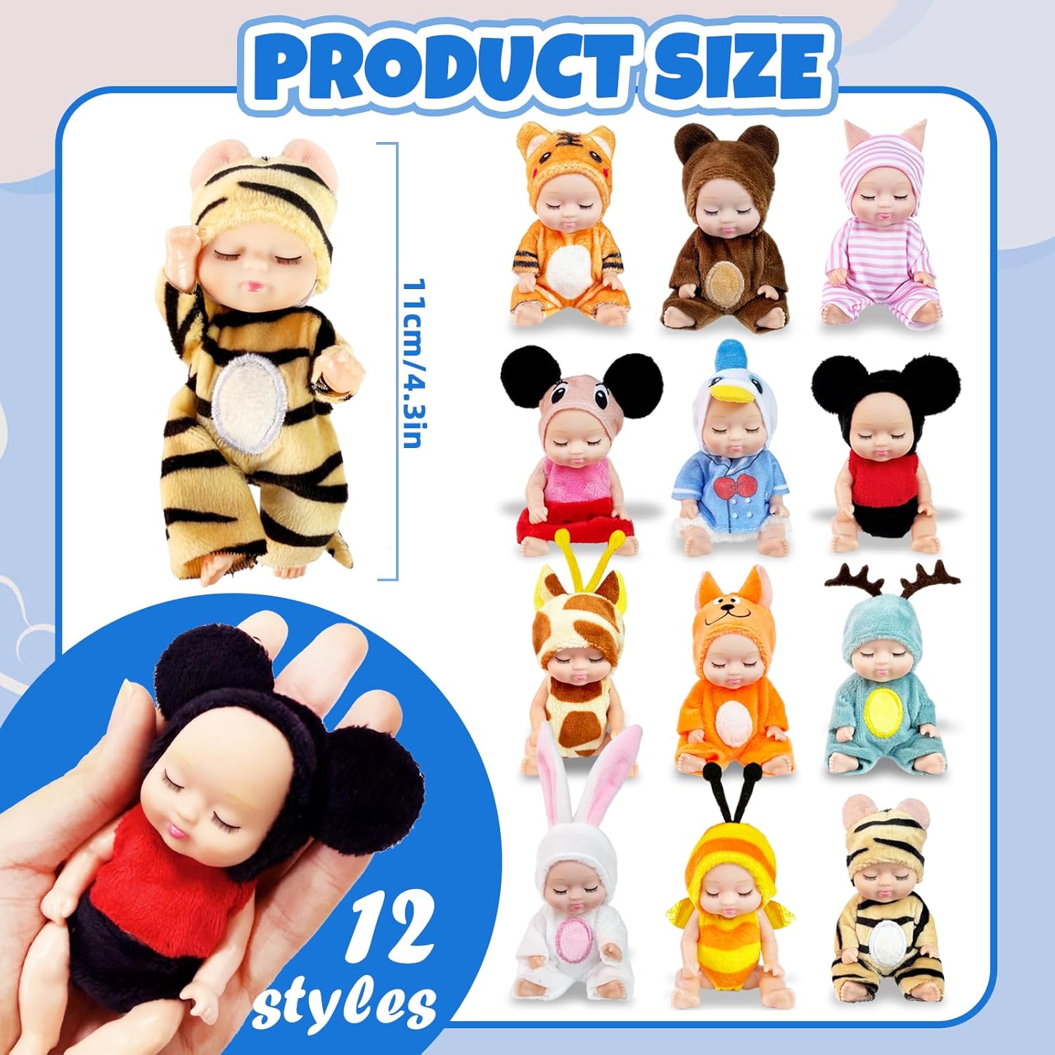 Muiyaneq 12 Pcs Mini Baby Dolls,4 inch Lifelike Realistic Tiny Baby Dolls with Animal Clothes,Cute Baby Doll Gifts for Girls Kids Birthday Baby Shower