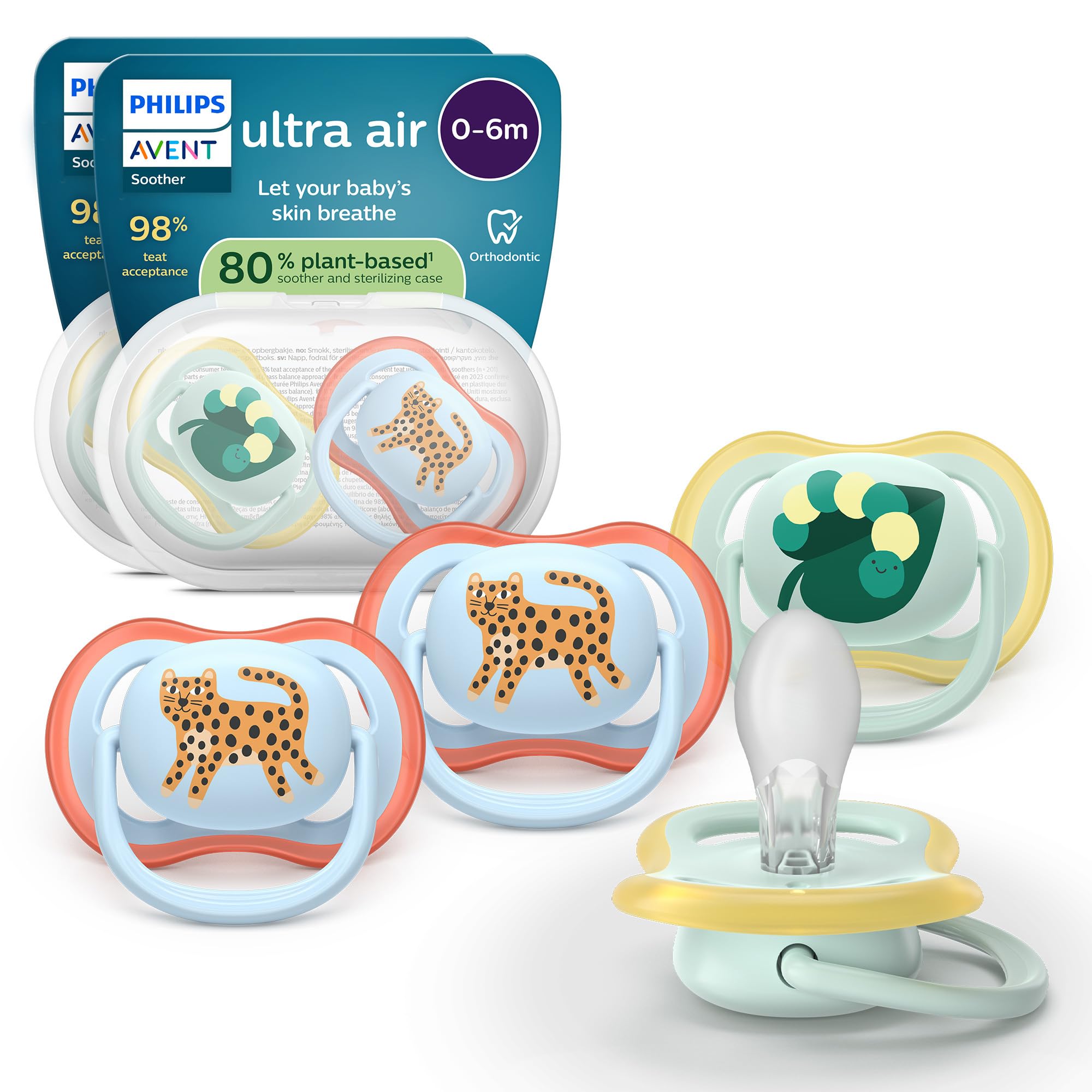 Philips Avent chupetes ultra air: diseño anatómico, para bebés de 0 a 6 meses, tetina simétrica de silicona suave, sin BPA, 2 estuches esterilizadores, paquete de 4, SCF087/19