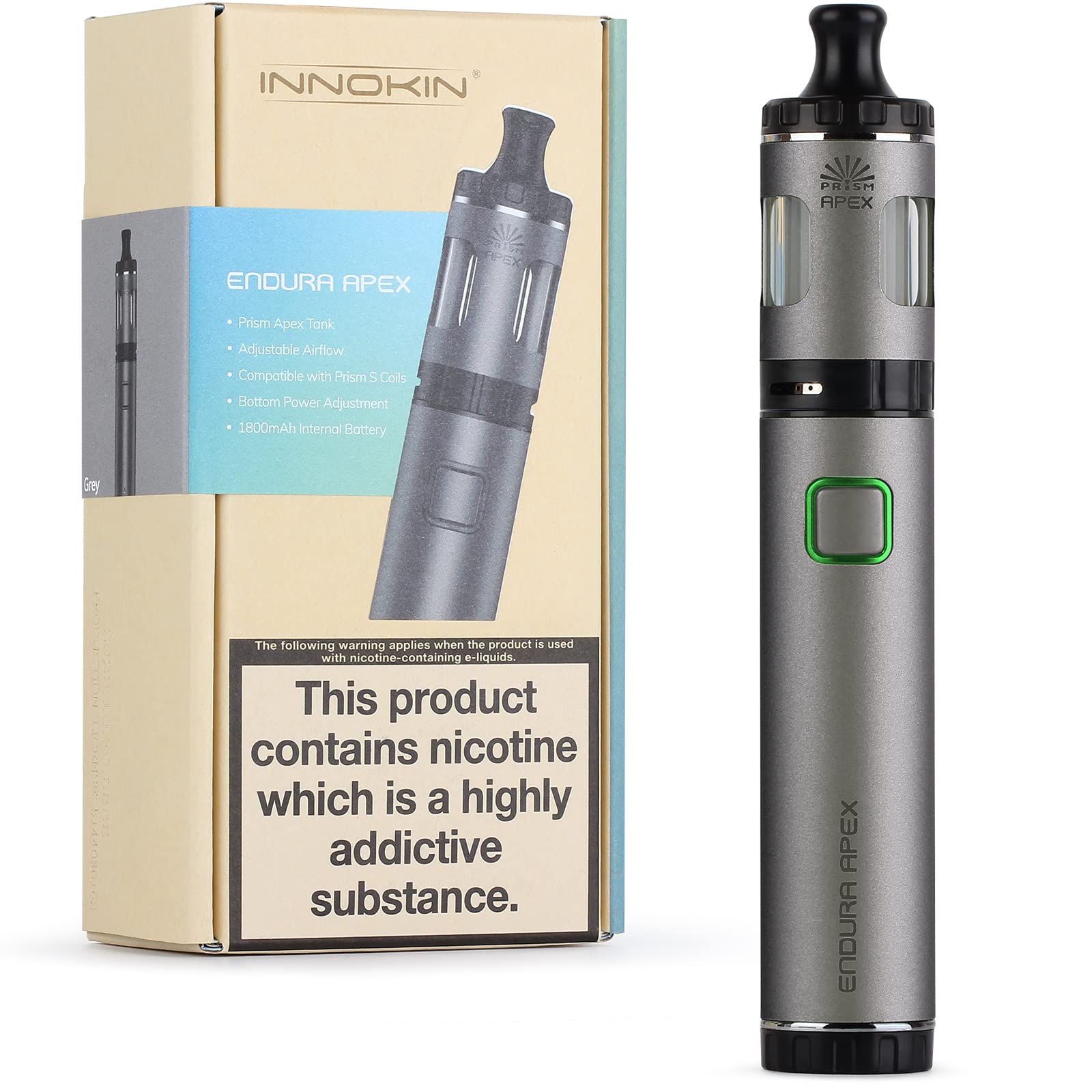 Endura Apex Kit, E Cigarette Vape Pen Starter Kit 1800mAh, Variable Wattage, E-Cig Top-Refill 2ml Tank with Precise Airflow Control Vaping, Type-C Fast Charge, AMZ UK No Nicotine - Grey