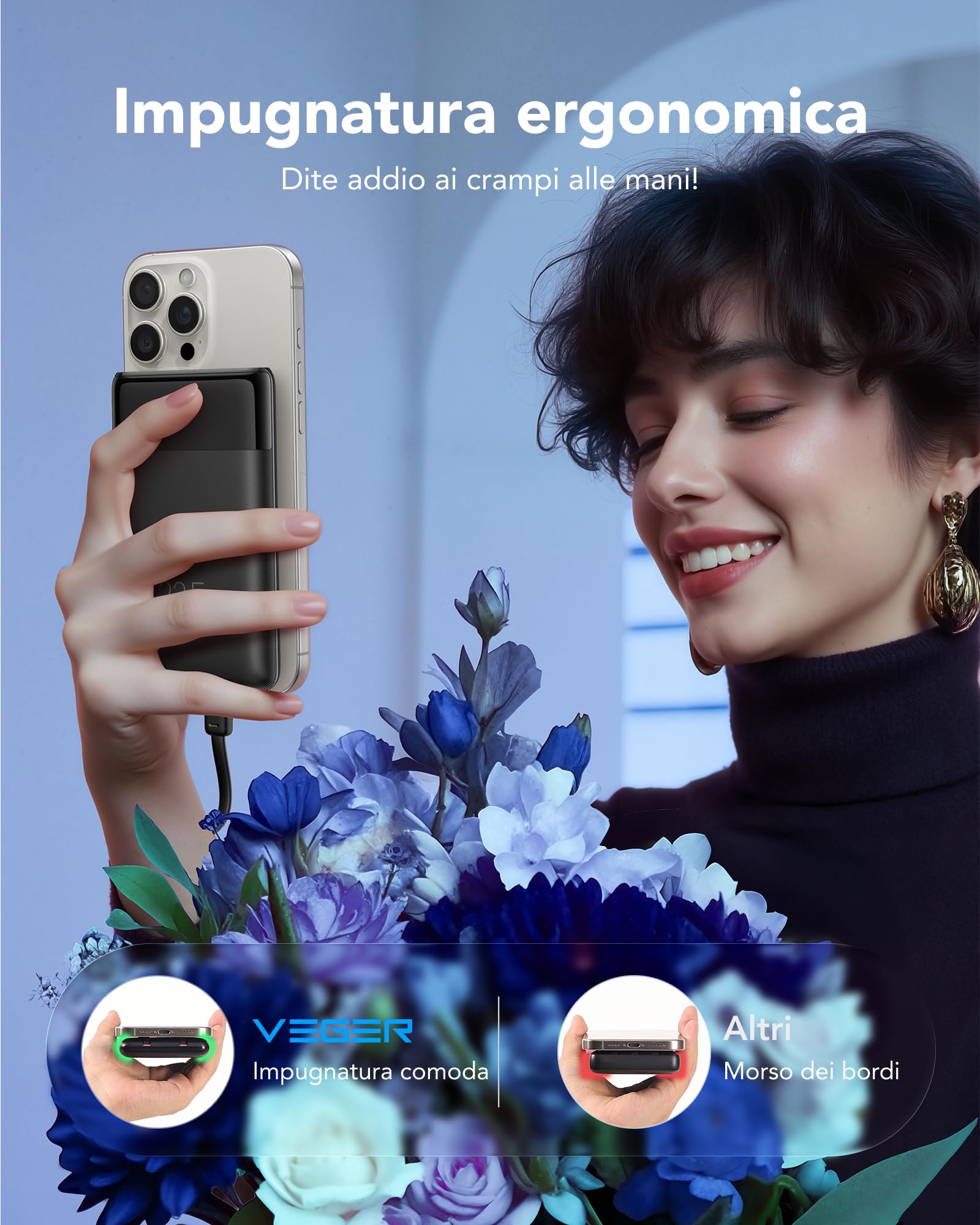 VEGER 10000mAh Power Bank 22.5W Ricarica Rapida USB C LED Display 4 Uscite 3 Ingressi Compatibile iPhone Huawei Xiaomi