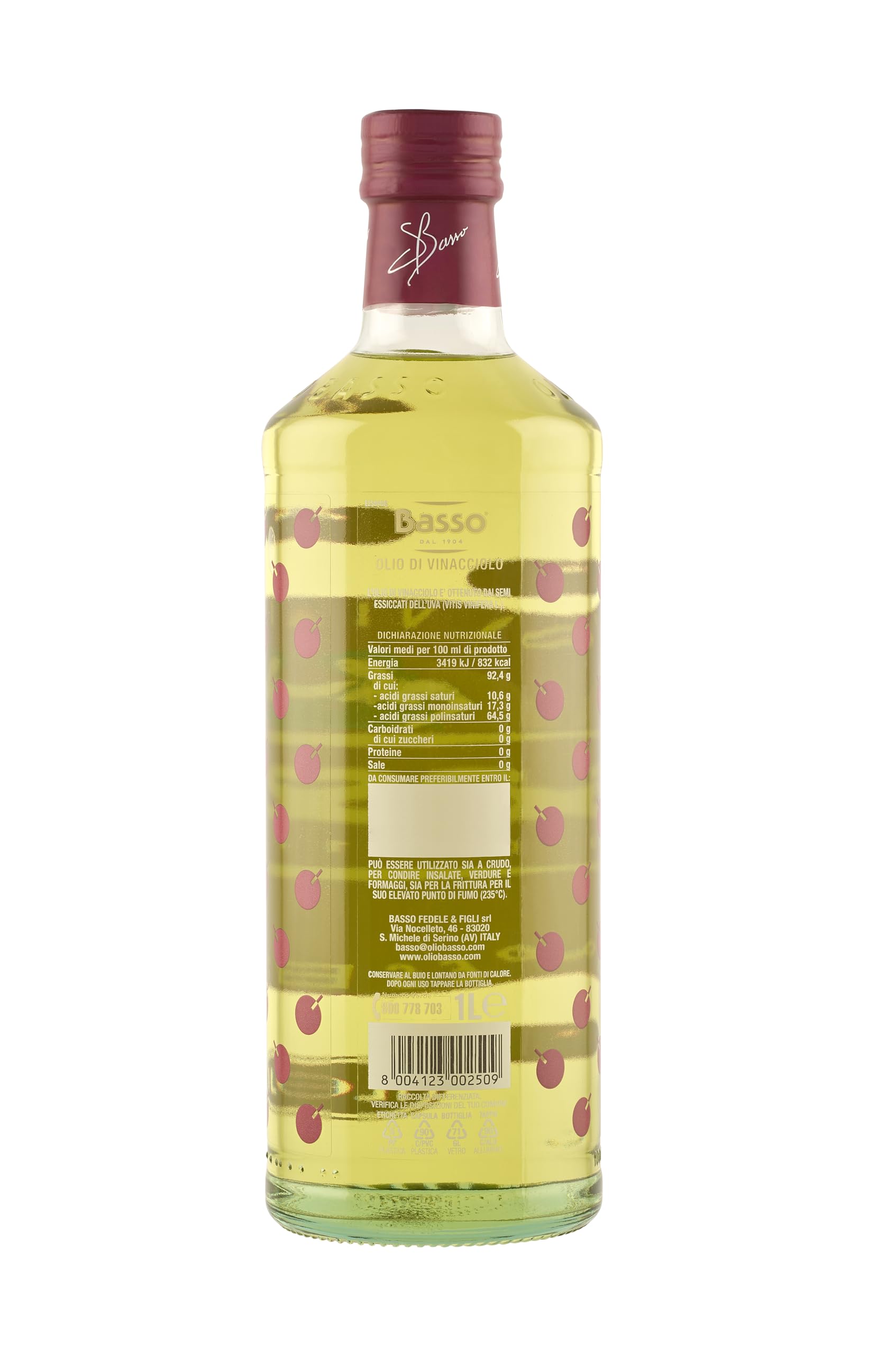 Basso Olio di Vinacciolo alimentare da condimento in confezione da 1 litro